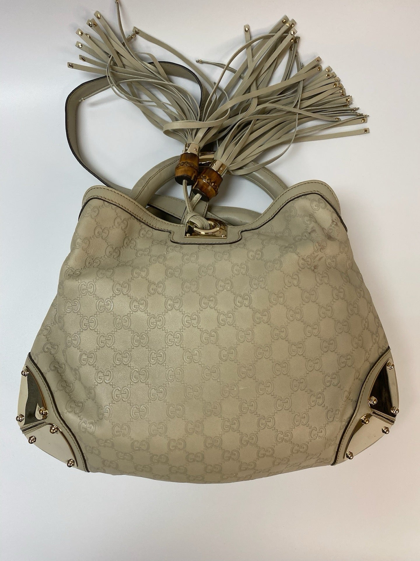 J2956 Gucci Shoulder Bag indy Leather Shoulder Bag Ivory Hobo Tassel Bamboo | Pre-Owned Ivory Plain Leather