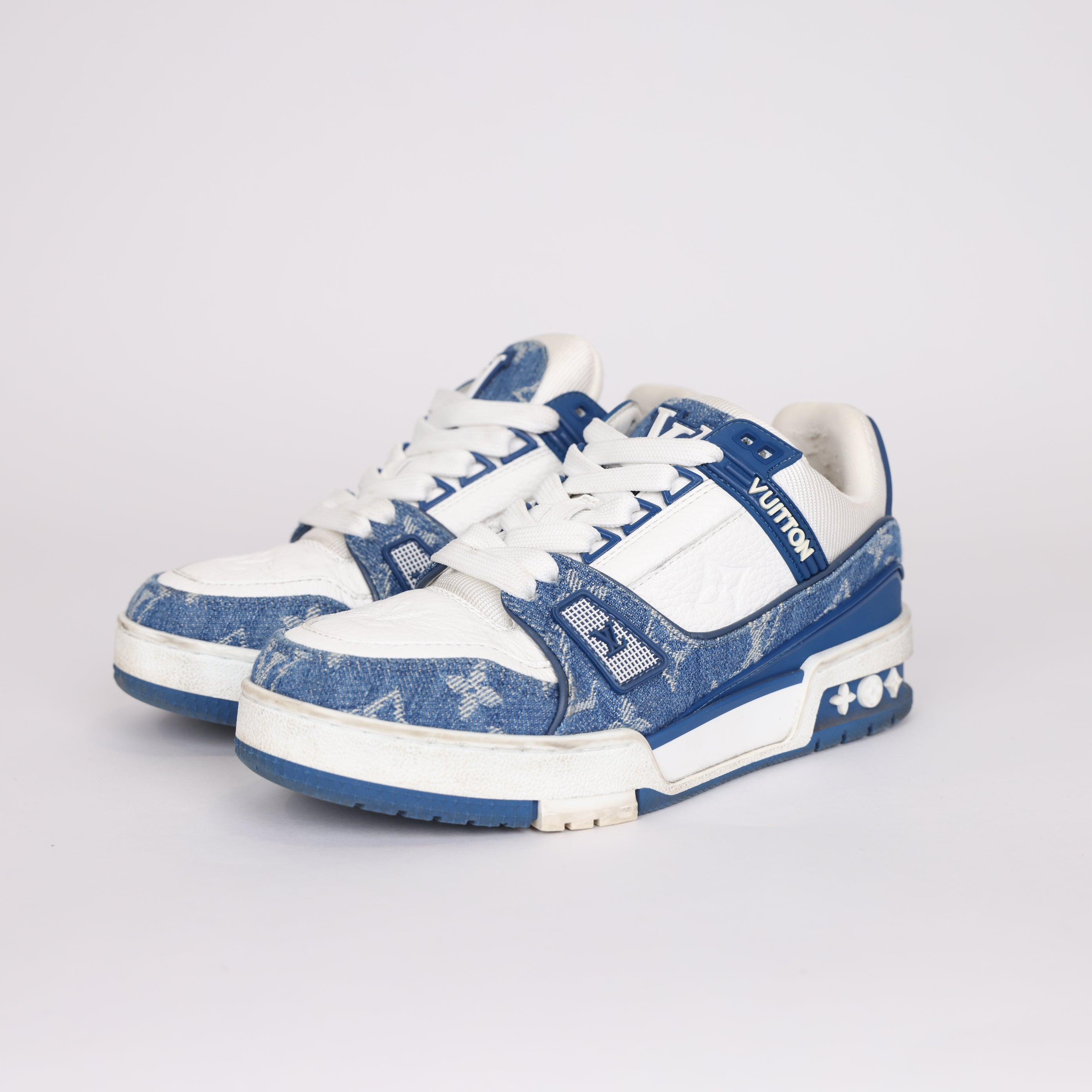 PRE OWNED- LOUIS VUITTON LV Trainer Sneakers White with Blue Mesh Monogram SIZE EU35/UK2 J0245J65112