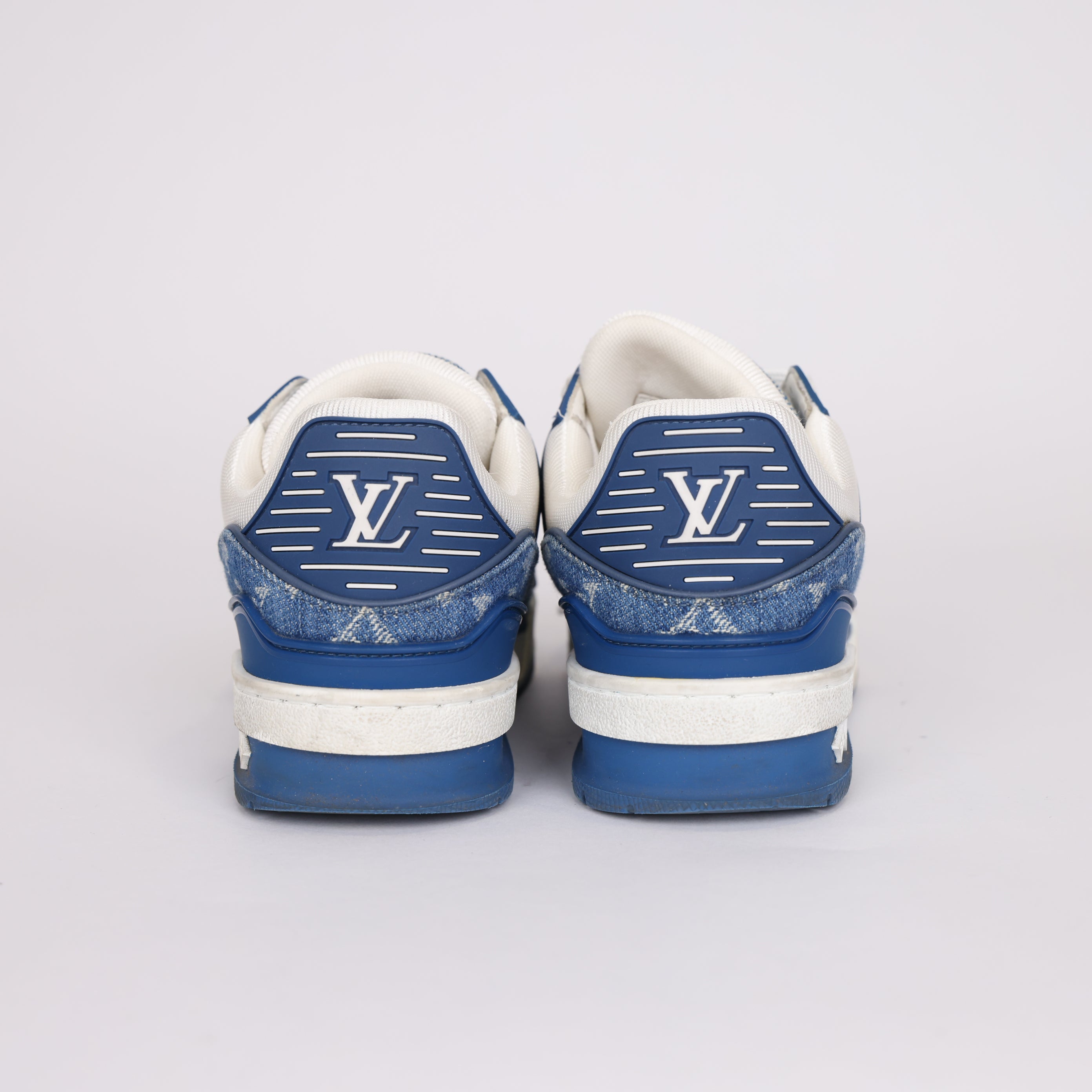 PRE OWNED- LOUIS VUITTON LV Trainer Sneakers White with Blue Mesh Monogram SIZE EU35/UK2 J0245J65112