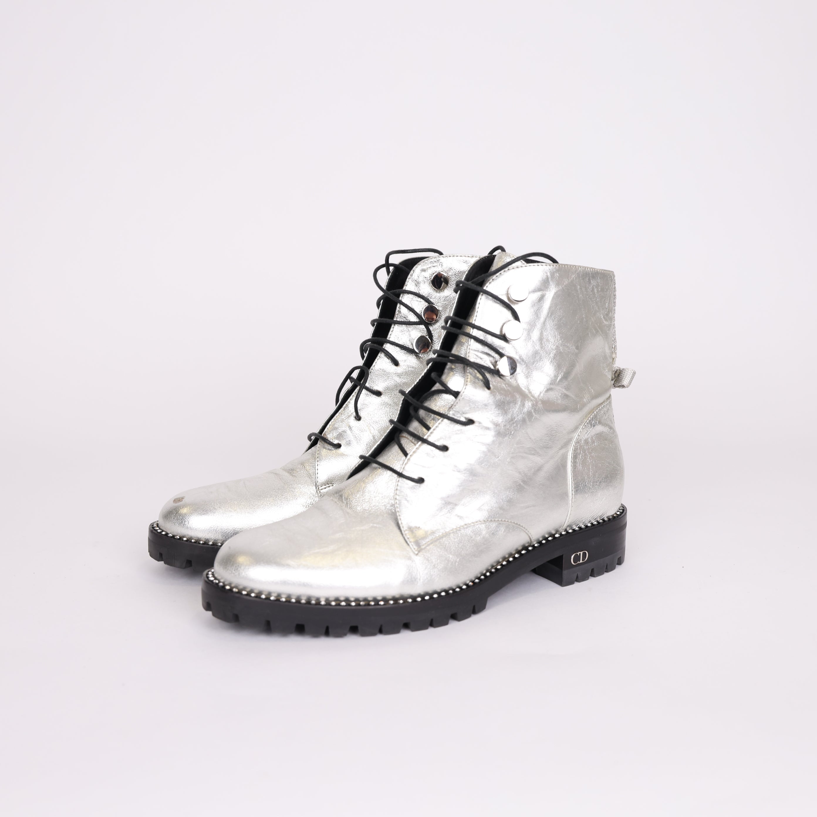 PRE OWNED- Dior Silver Leather Ranger Boots Size EU35/ UK2