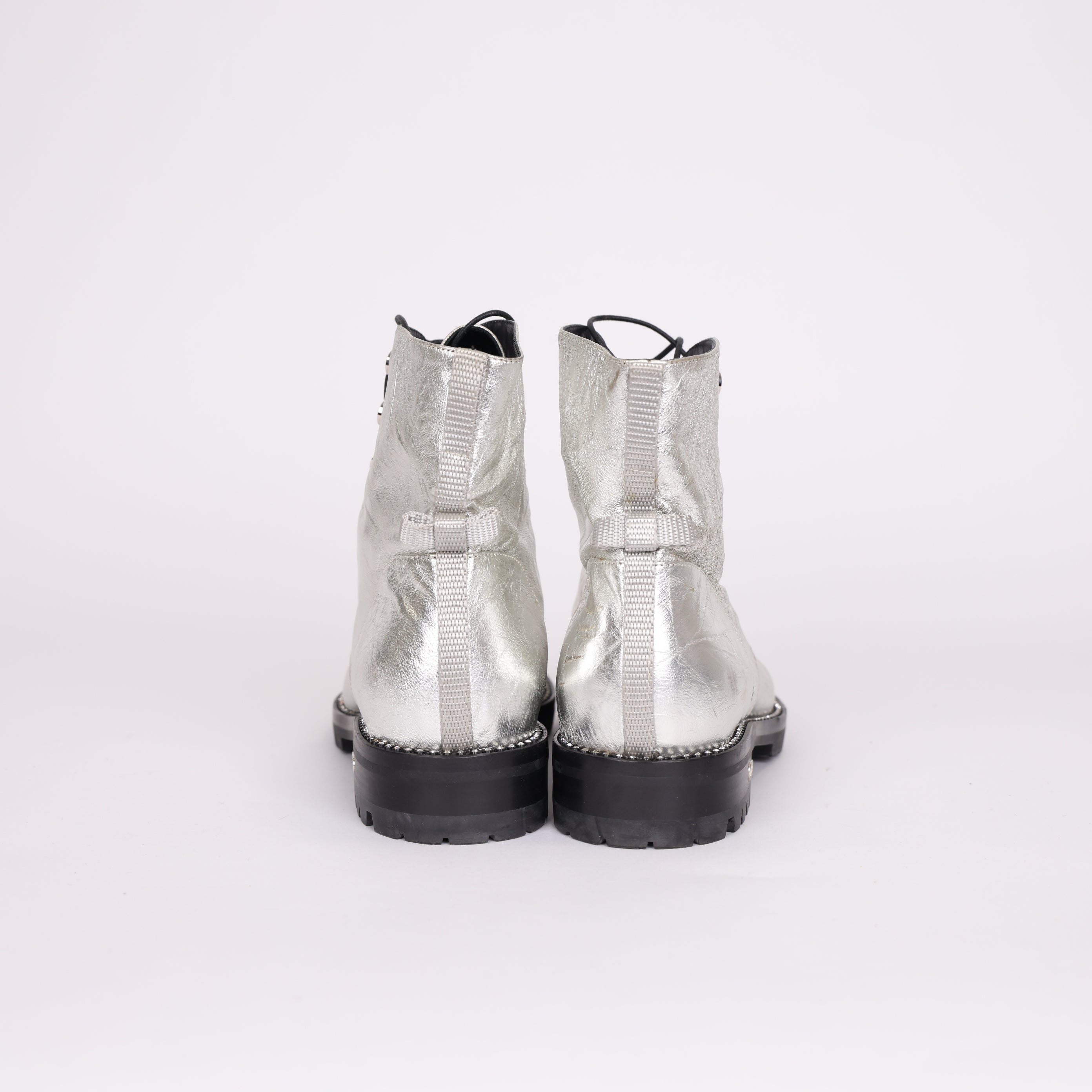PRE OWNED- Dior Silver Leather Ranger Boots Size EU35/ UK2
