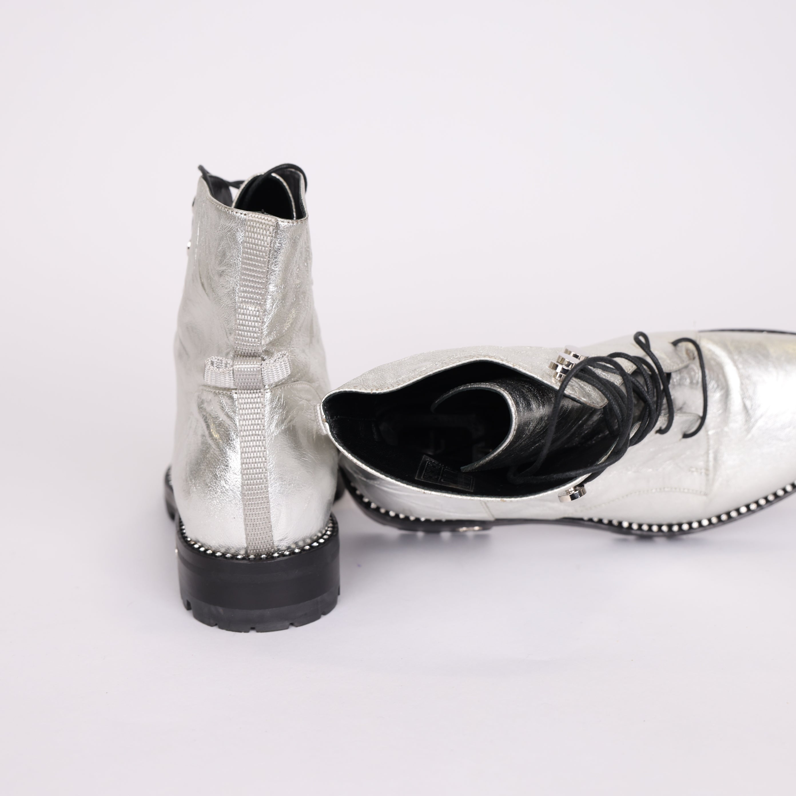 PRE OWNED- Dior Silver Leather Ranger Boots Size EU35/ UK2