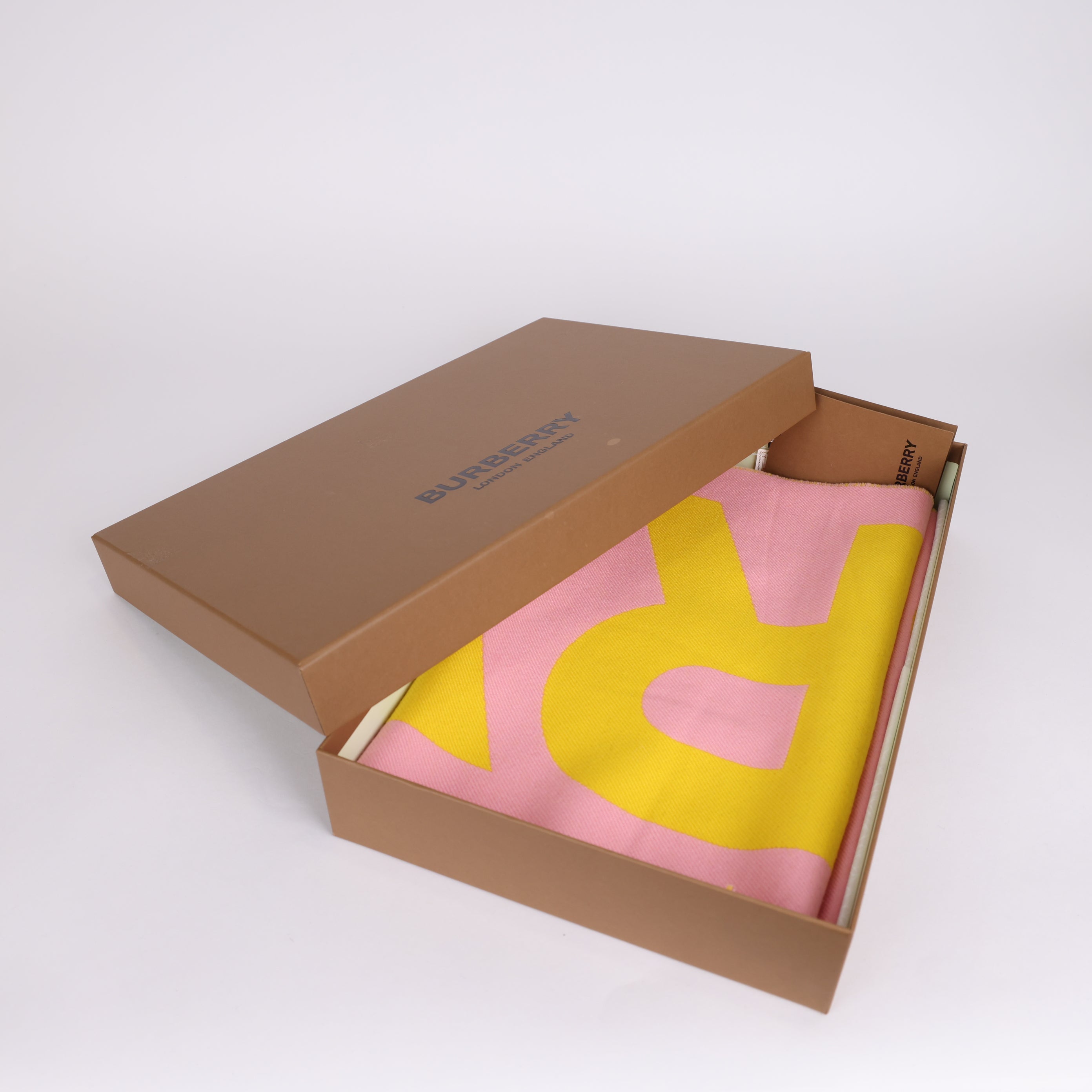 PRE OWNED- BURBERRY LONDON Logo Text Scarf Reversible Pink/Yellow
