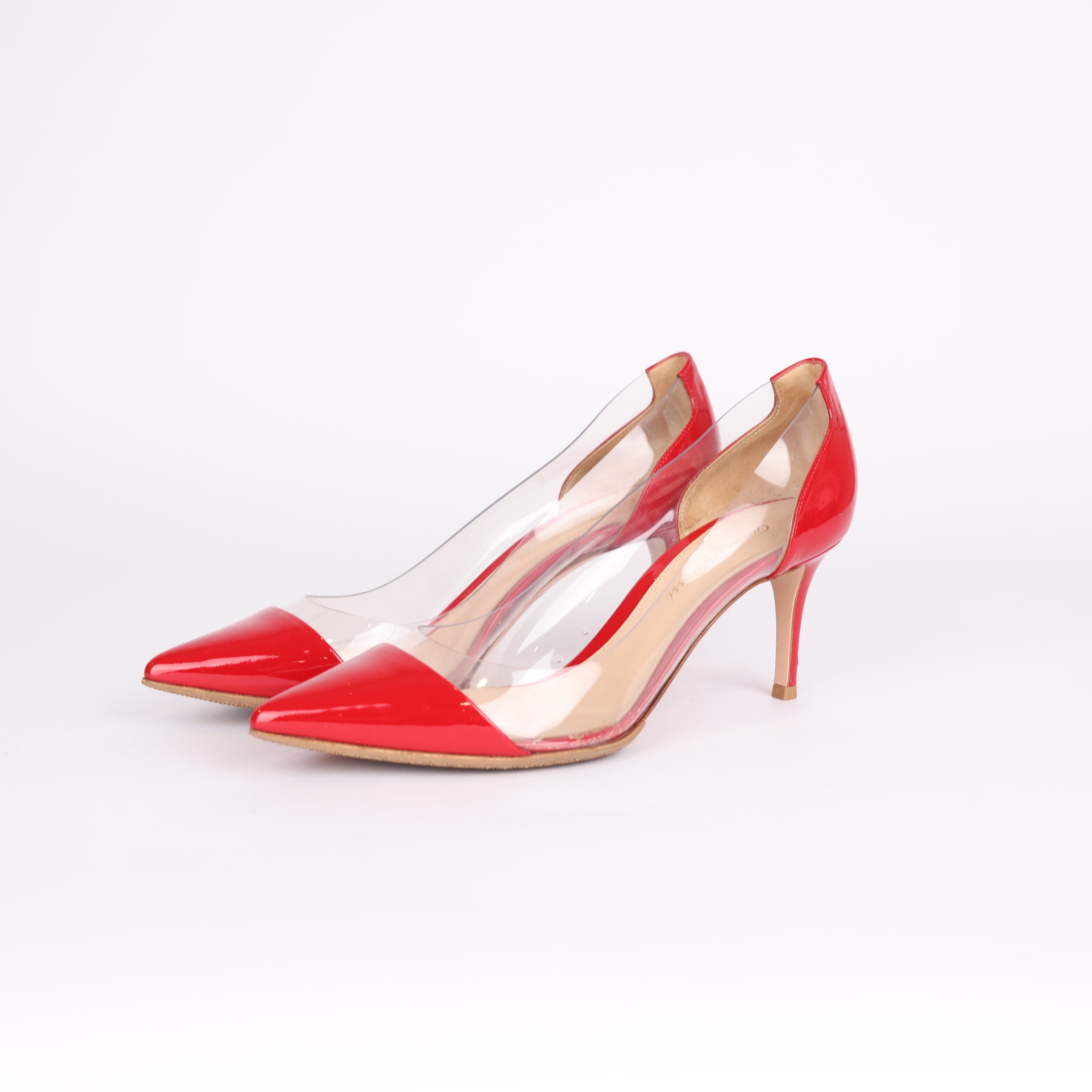 PRE OWNED- Sergio Rossi Red & Clear Pointed-Toe Heels SIZE EU38/ UK5