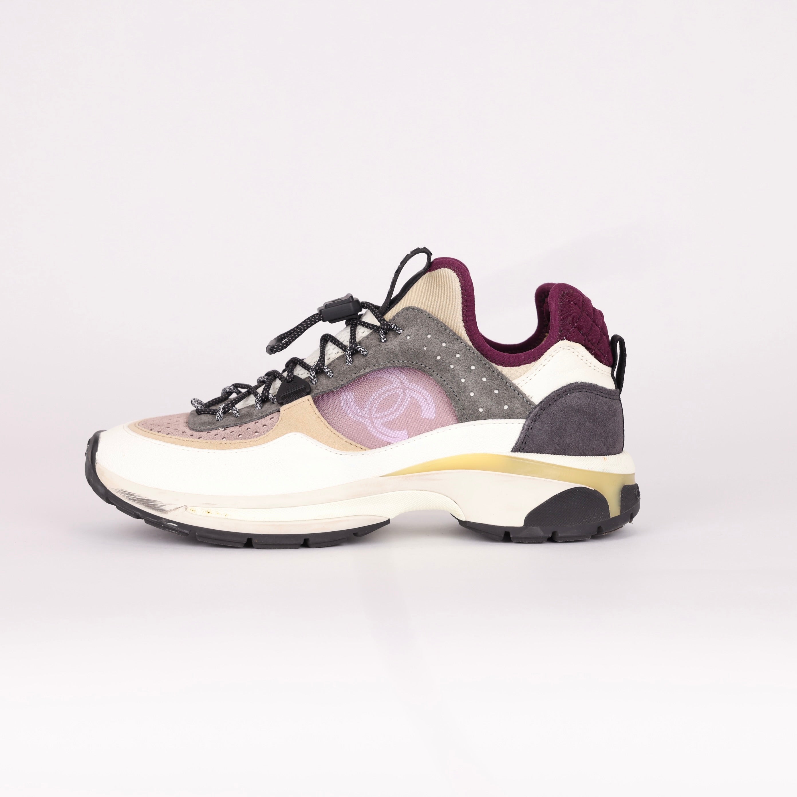 PRE OWNED- CHANEL Fabric Suede Calfskin Mesh Womens CC Sneakers 38 White Grey Purple
