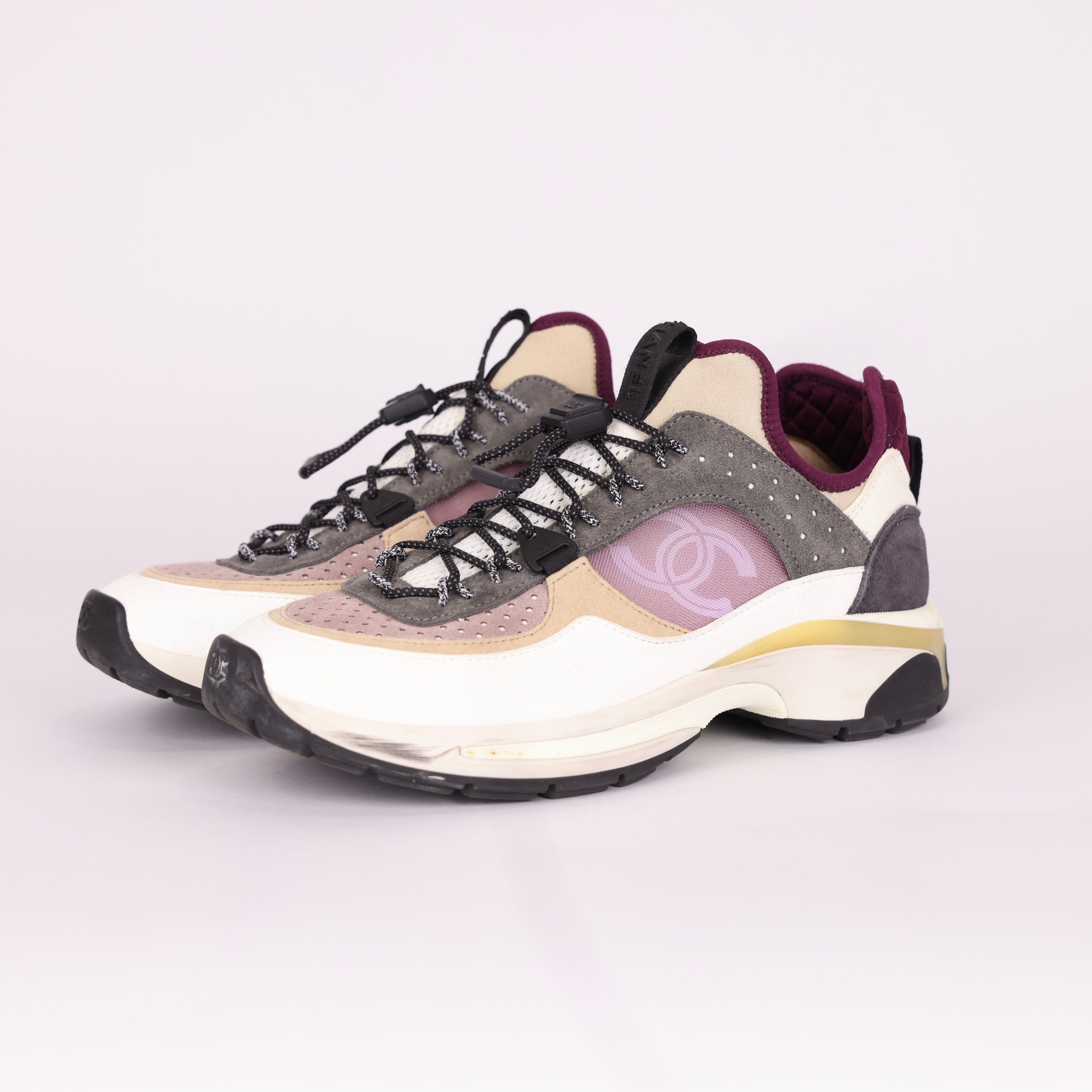 PRE OWNED- CHANEL Fabric Suede Calfskin Mesh Womens CC Sneakers 38 White Grey Purple