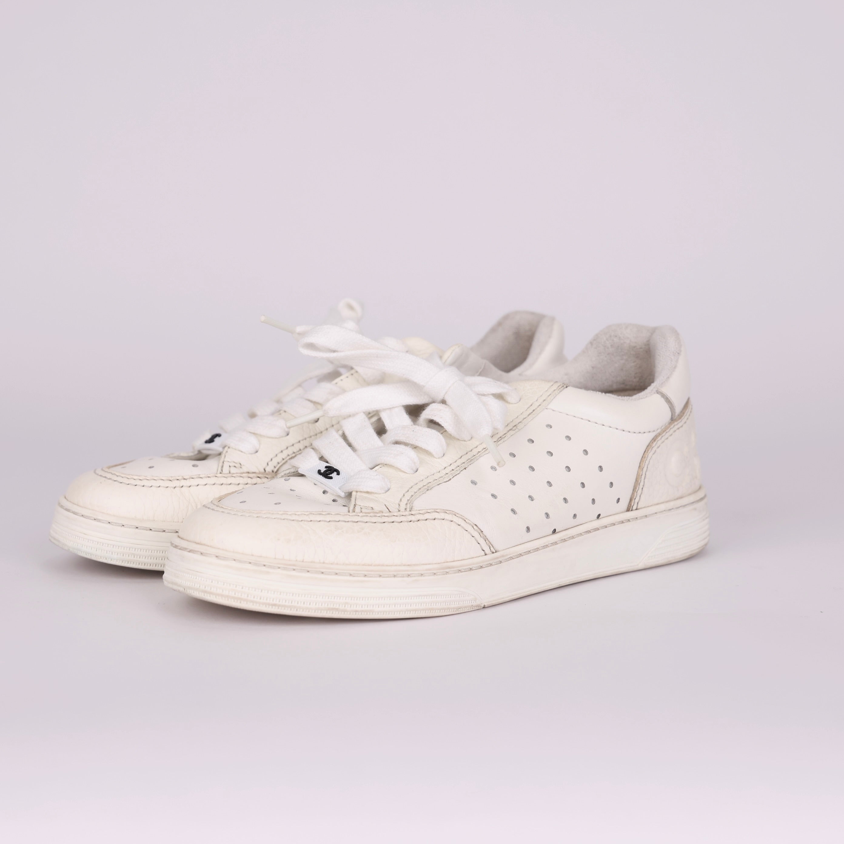 PRE OWNED- Chanel White Perforated Leather Low Top Sneakers Size 38