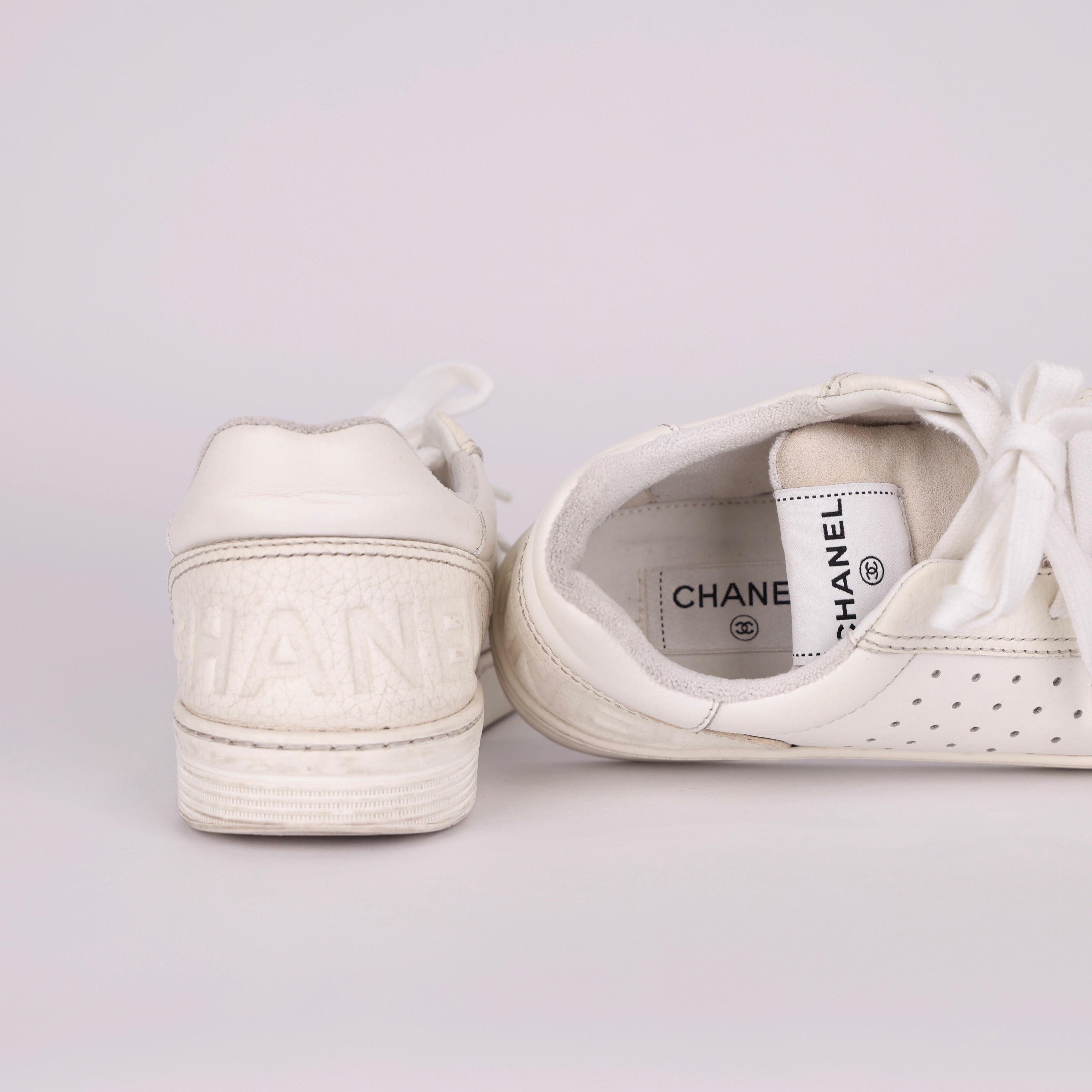 PRE OWNED- Chanel White Perforated Leather Low Top Sneakers Size 38