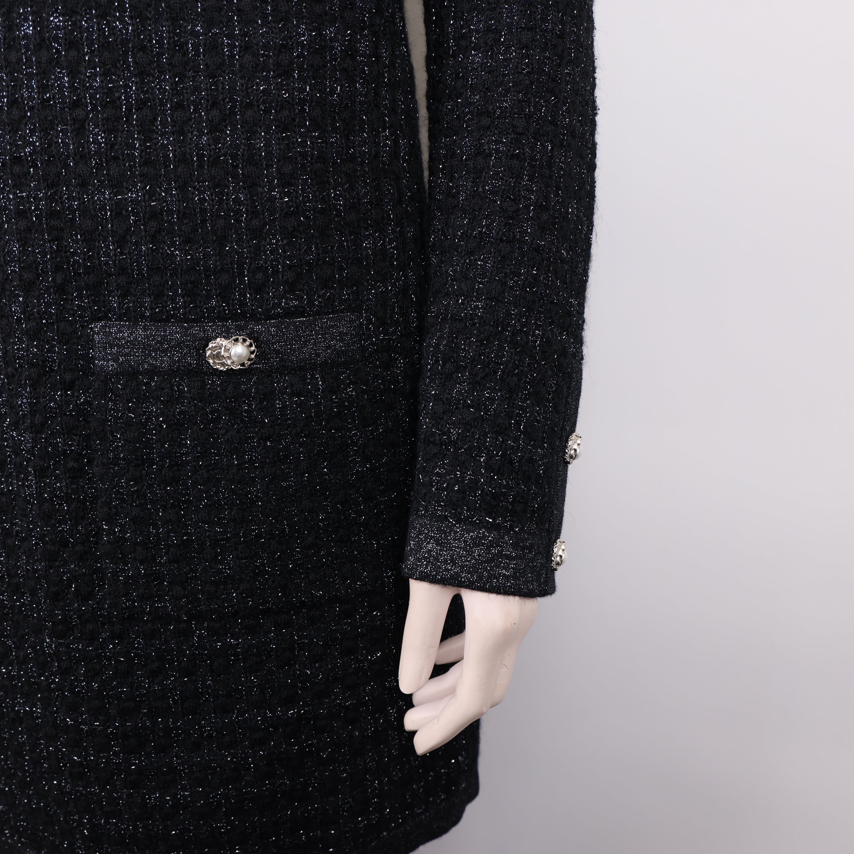 PRE OWNED- Chanel Tweed Knit Black Pearl Button Size 38 Woman