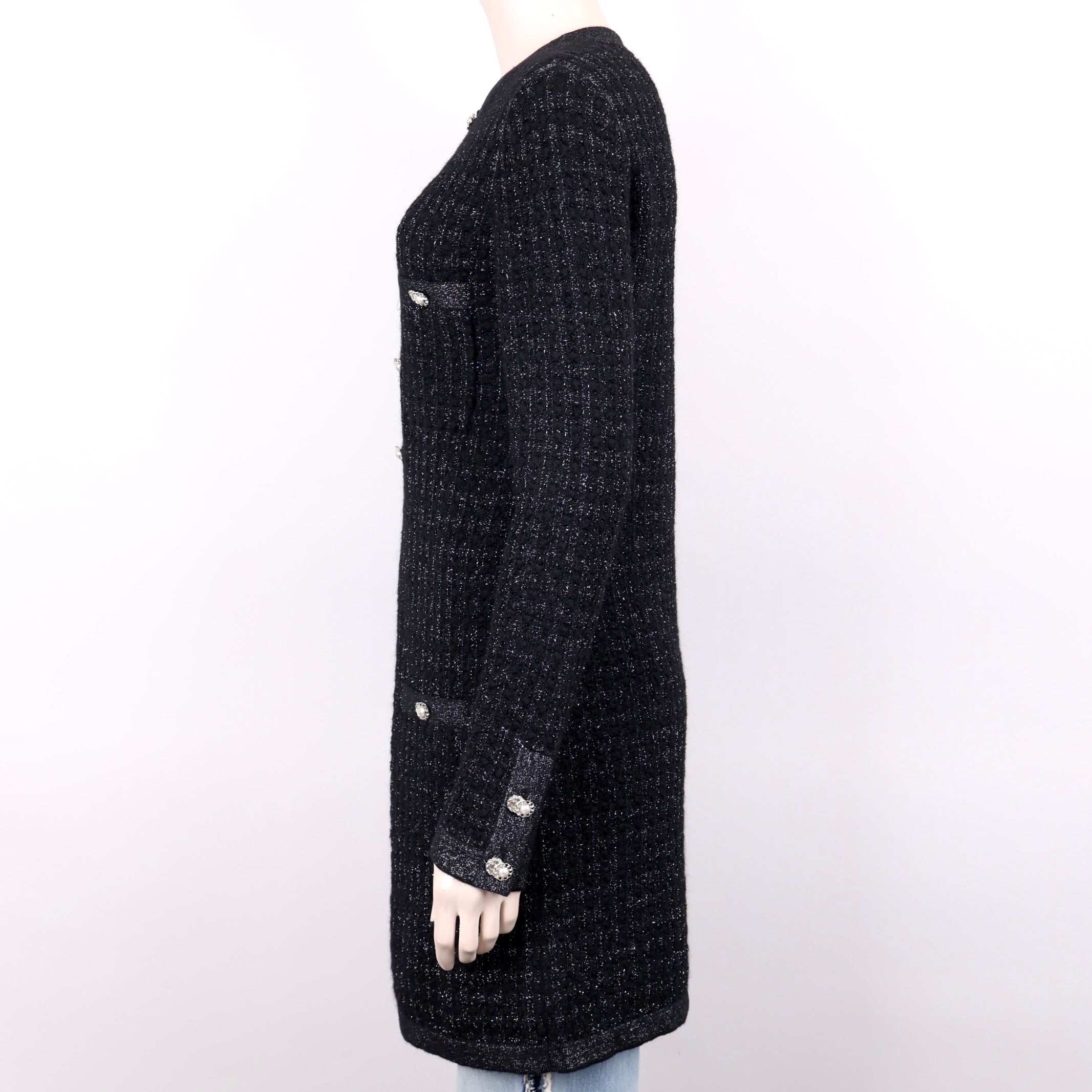 PRE OWNED- Chanel Tweed Knit Black Pearl Button Size 38 Woman