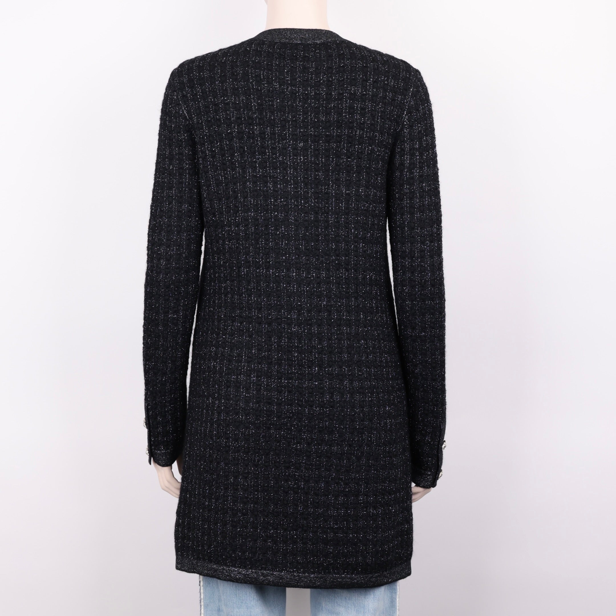 PRE OWNED- Chanel Tweed Knit Black Pearl Button Size 38 Woman
