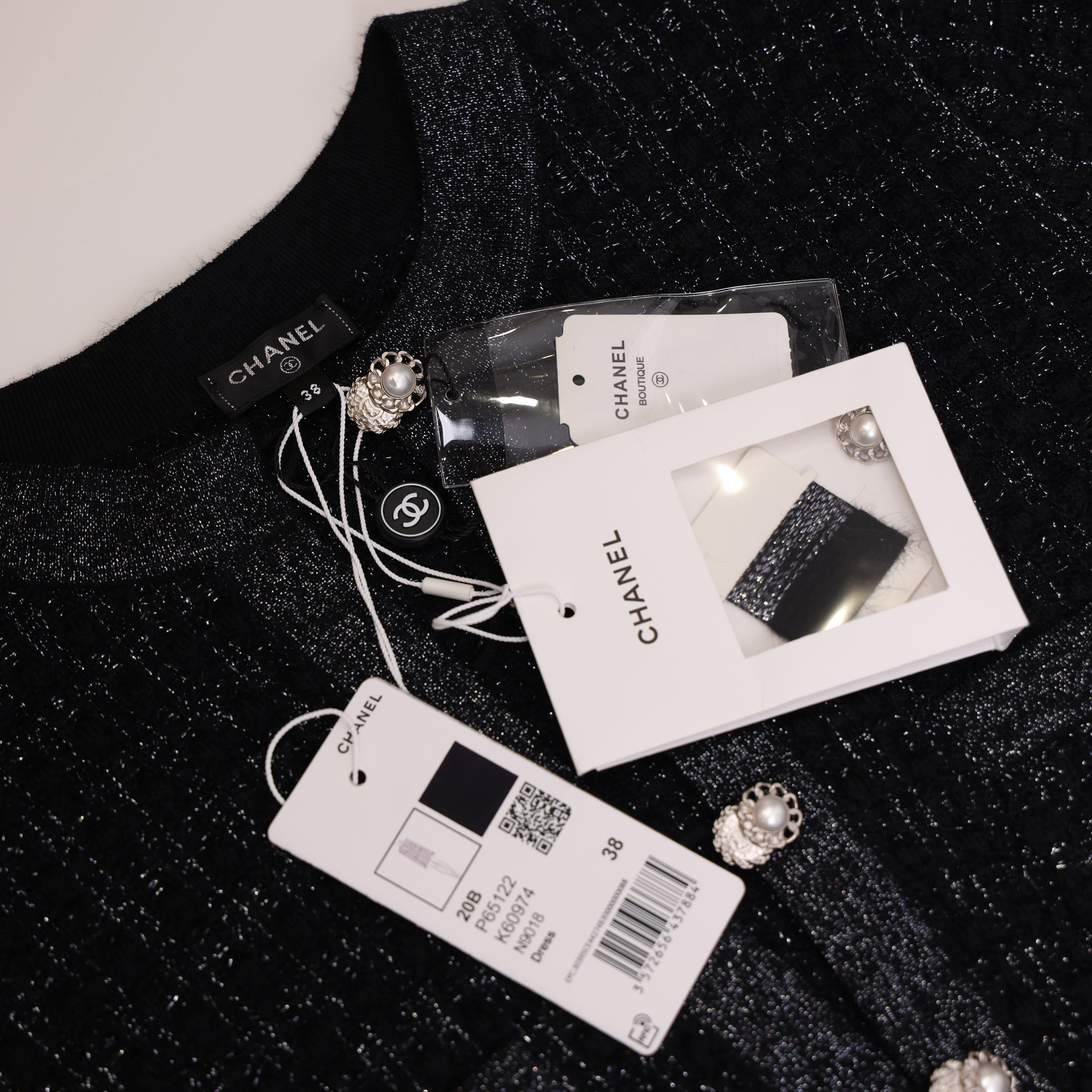 PRE OWNED- Chanel Tweed Knit Black Pearl Button Size 38 Woman