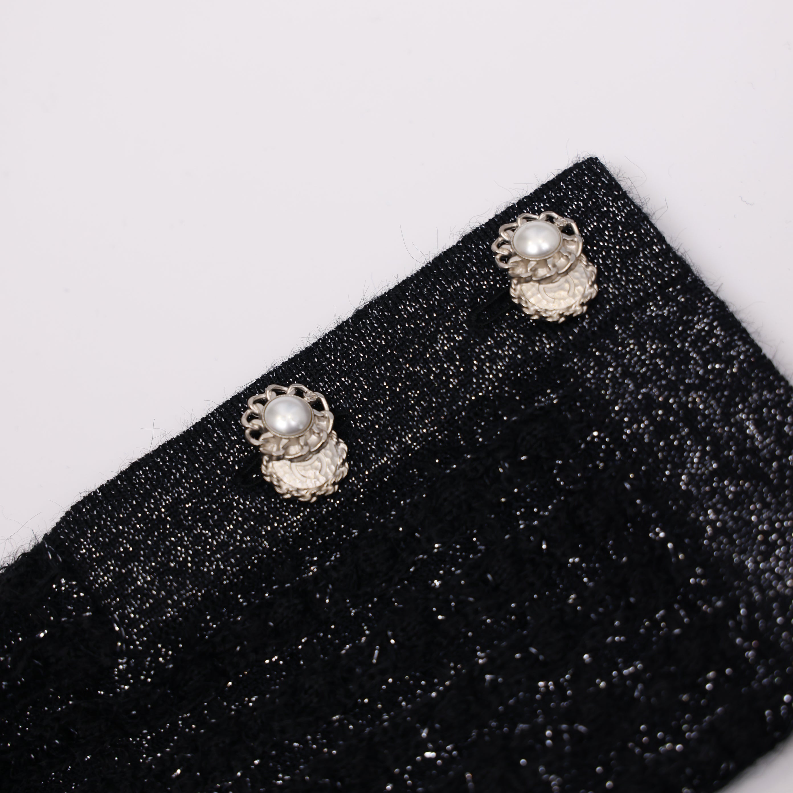 PRE OWNED- Chanel Tweed Knit Black Pearl Button Size 38 Woman