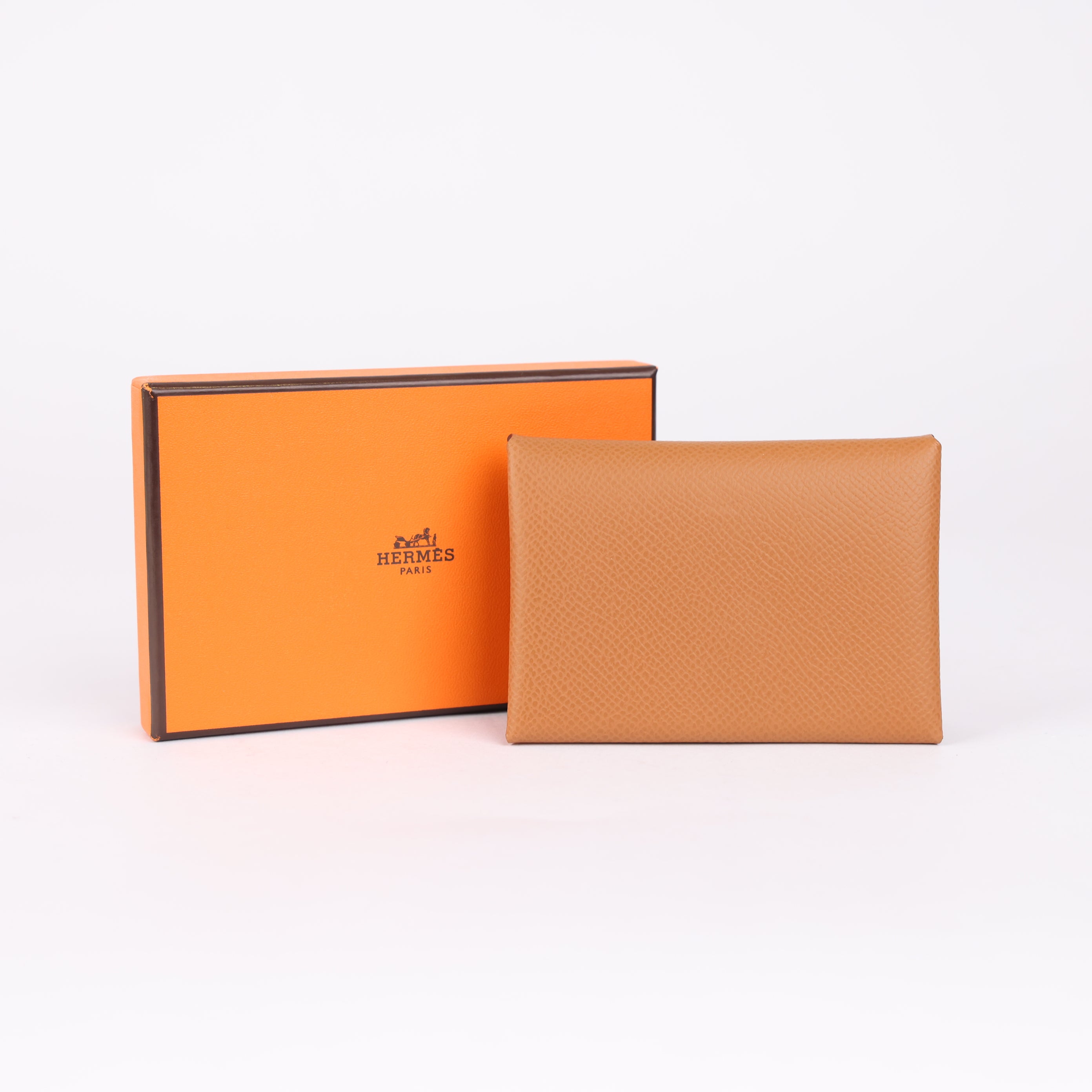 PRE OWNED- HERMES Wallet Calvi duo Coin Compartment coin purse Card Case Epsom Brown