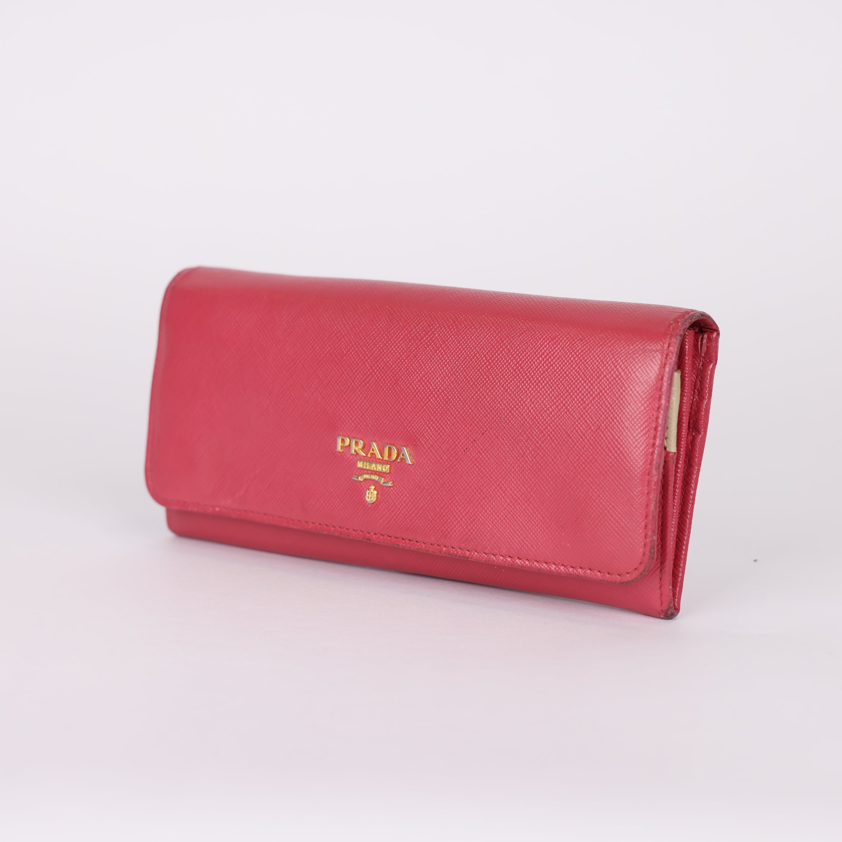 PRE OWNED- PRADA Saffiano Leather Long Wallet Deep Pink J0567W87231
