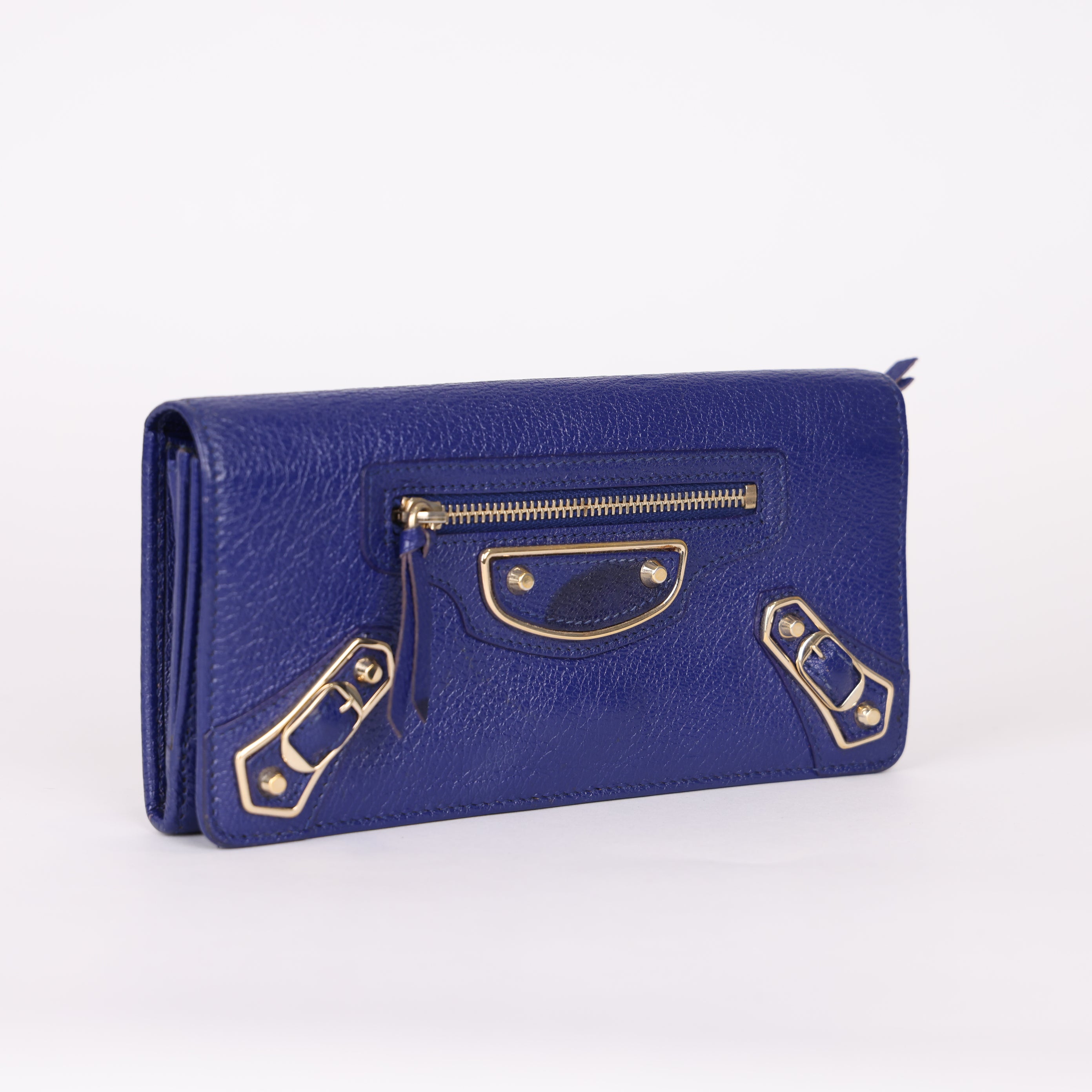 PRE OWNED- BALENCIAGA navy blue City Moto leather continental wallet J0565W94211
