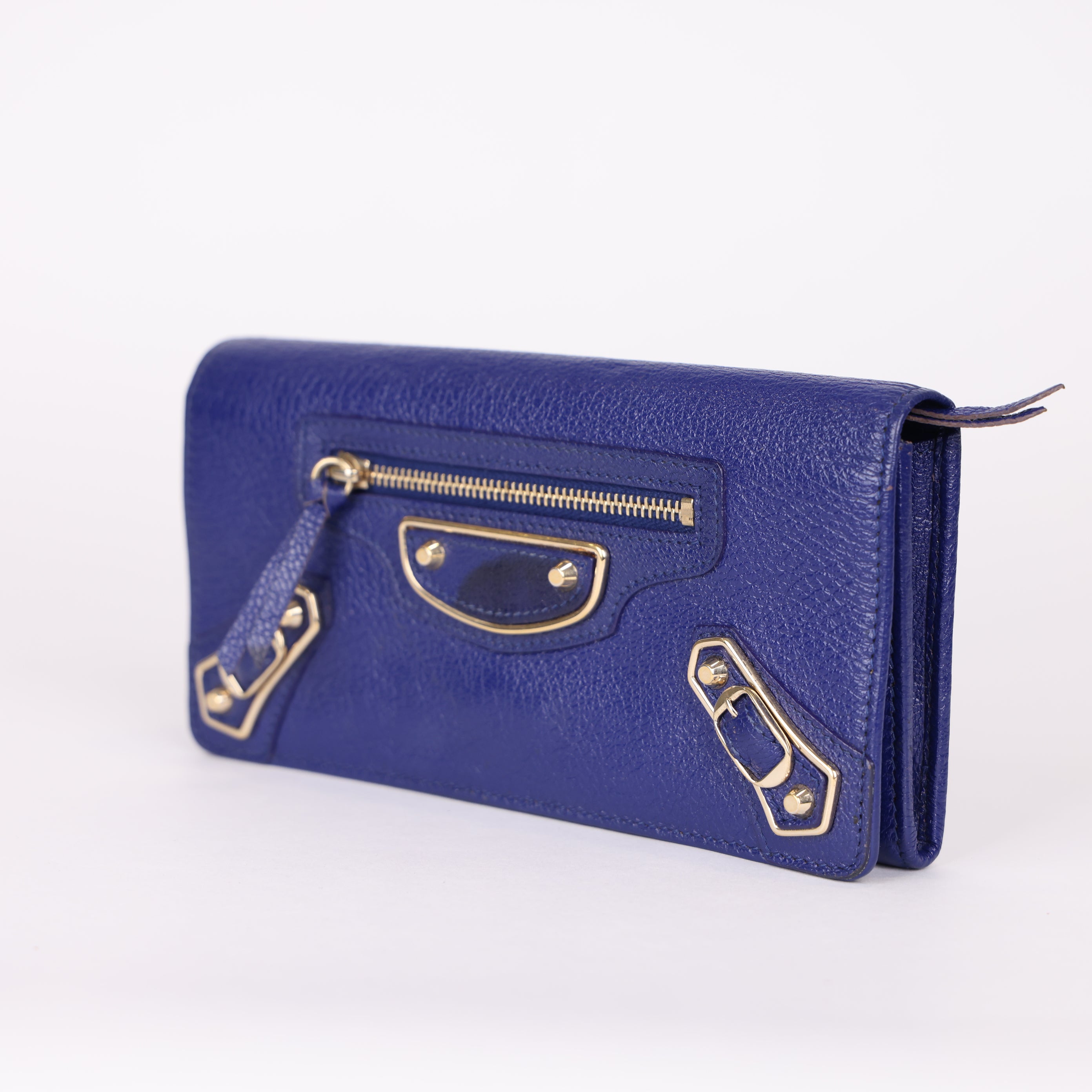 PRE OWNED- BALENCIAGA navy blue City Moto leather continental wallet J0565W94211