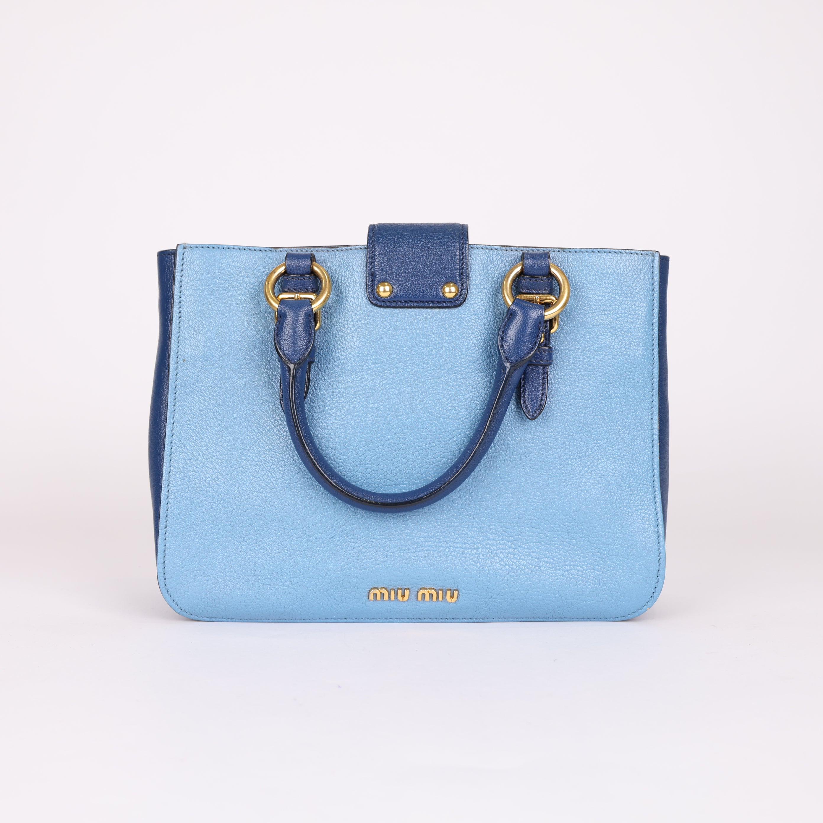 PRE OWNED- Miu Miu Blue Leather Top Handle Bag with Gold-Tone Hardware