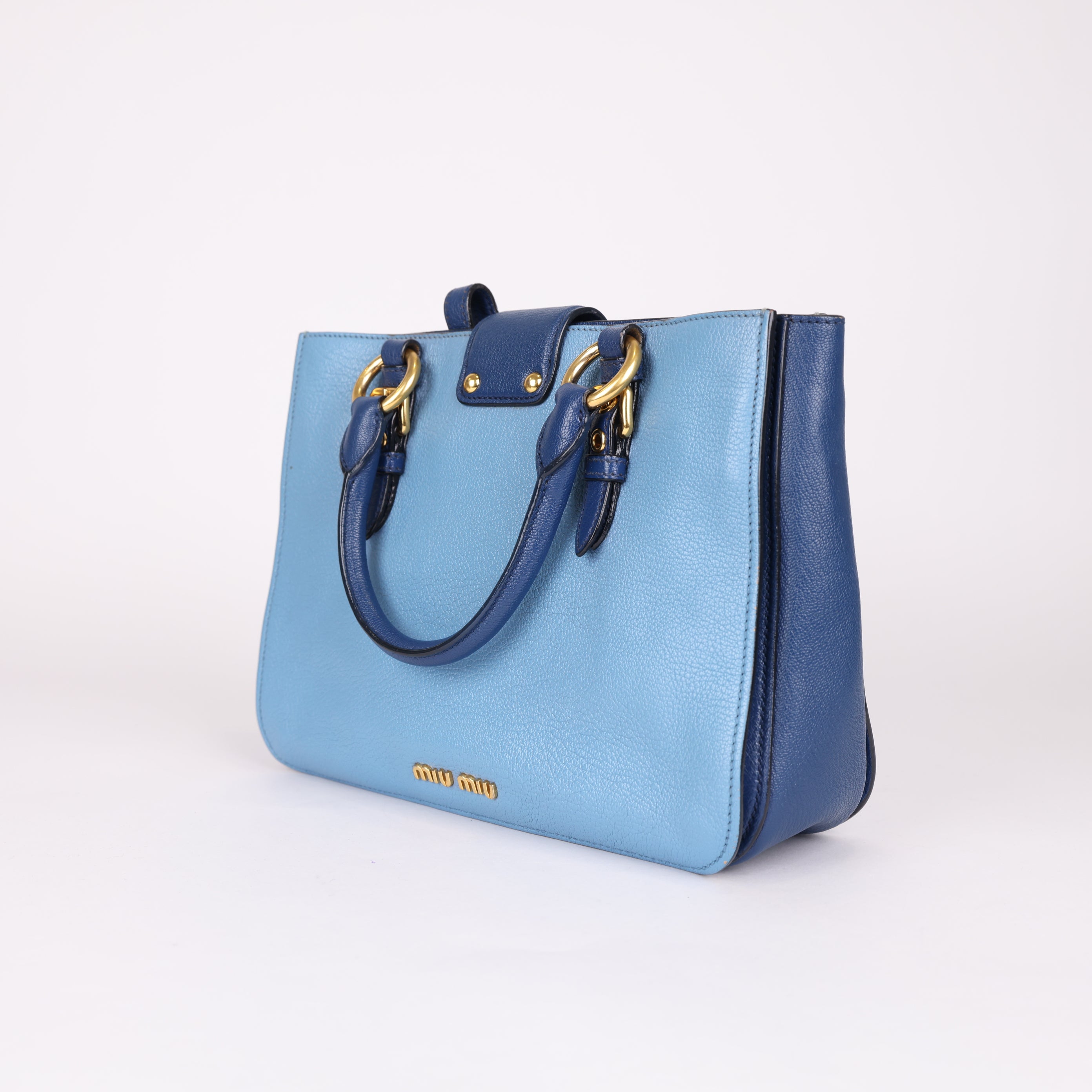 PRE OWNED- Miu Miu Blue Leather Top Handle Bag with Gold-Tone Hardware
