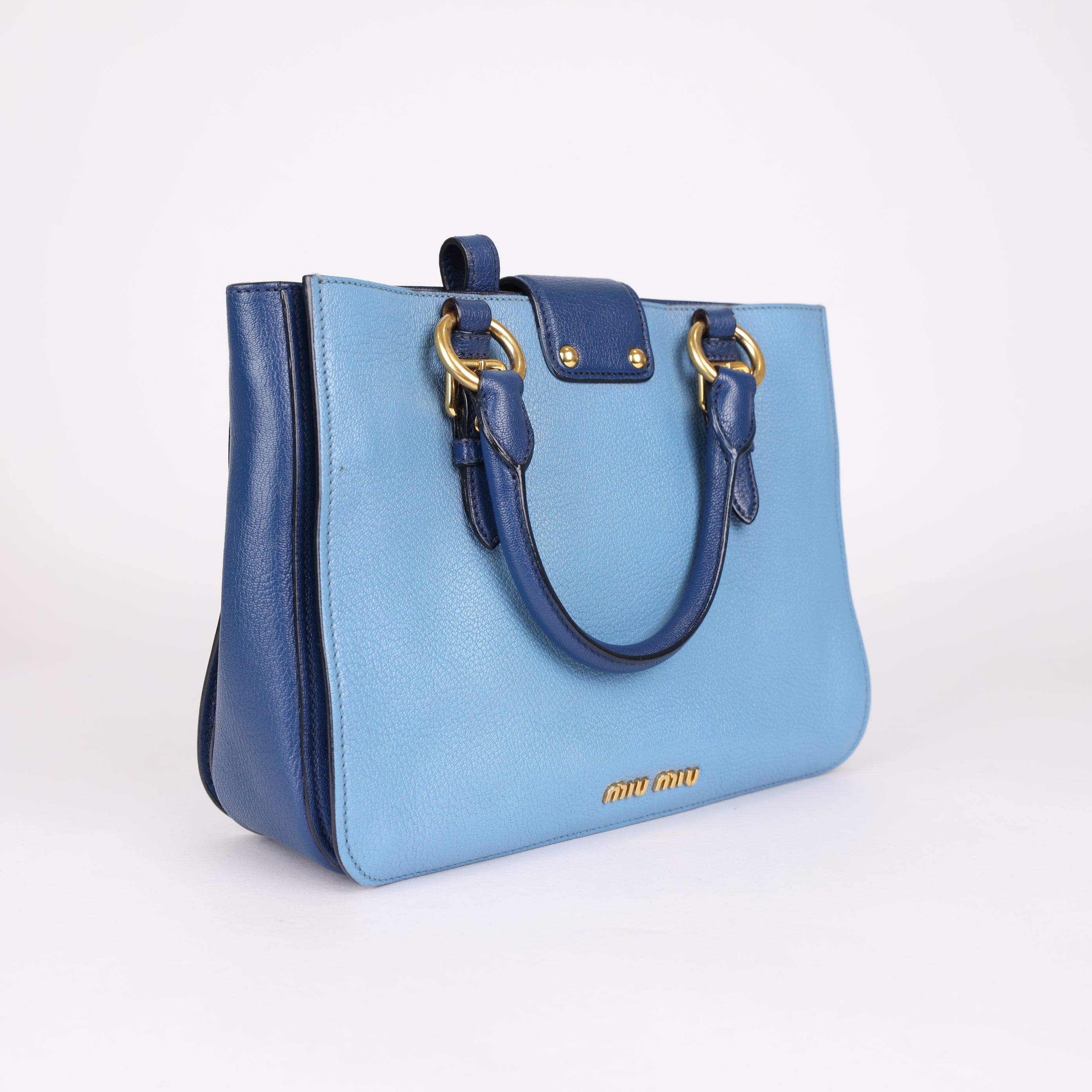 PRE OWNED- Miu Miu Blue Leather Top Handle Bag with Gold-Tone Hardware