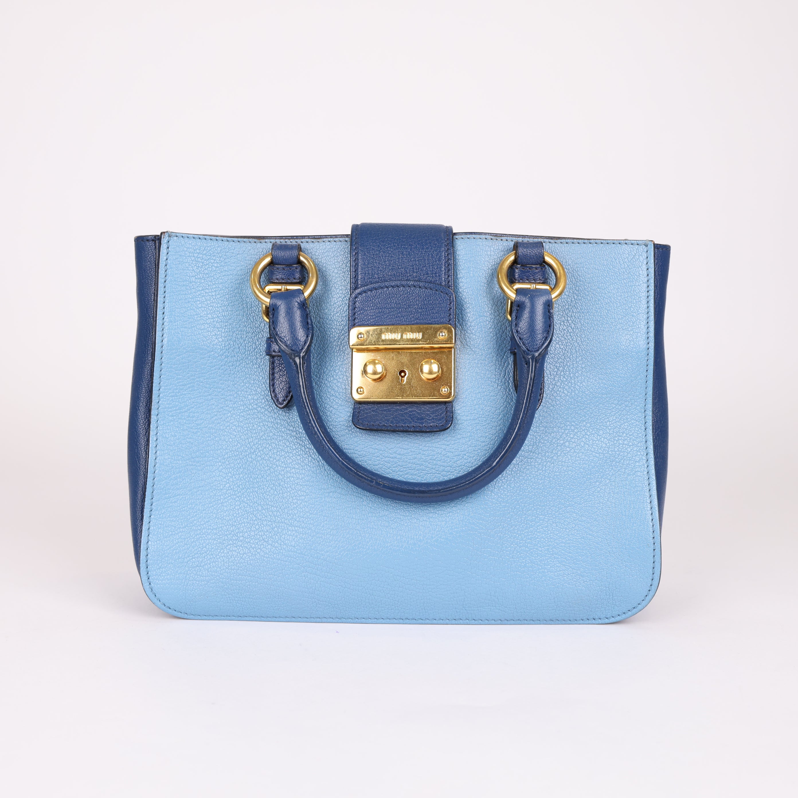 PRE OWNED- Miu Miu Blue Leather Top Handle Bag with Gold-Tone Hardware
