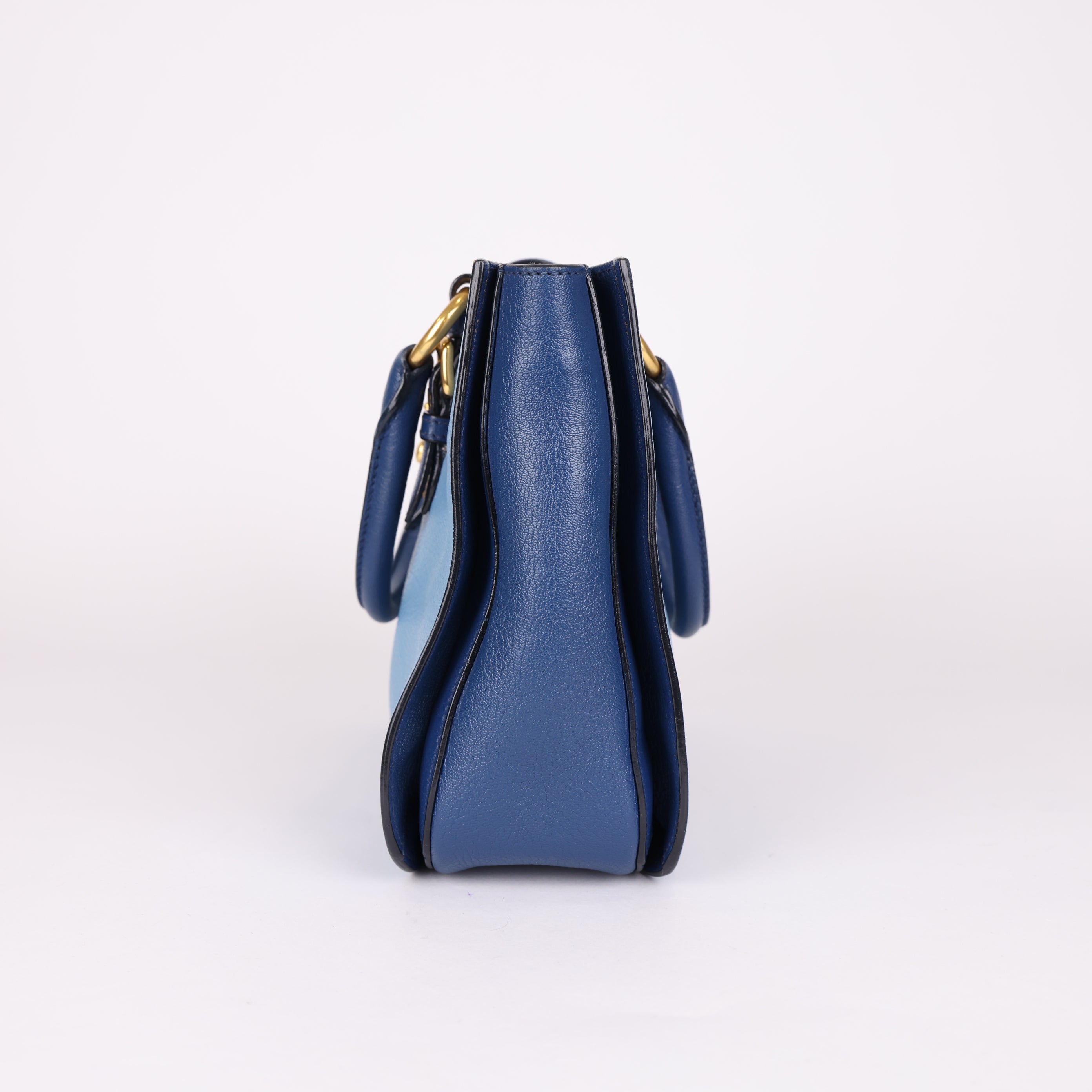 PRE OWNED- Miu Miu Blue Leather Top Handle Bag with Gold-Tone Hardware