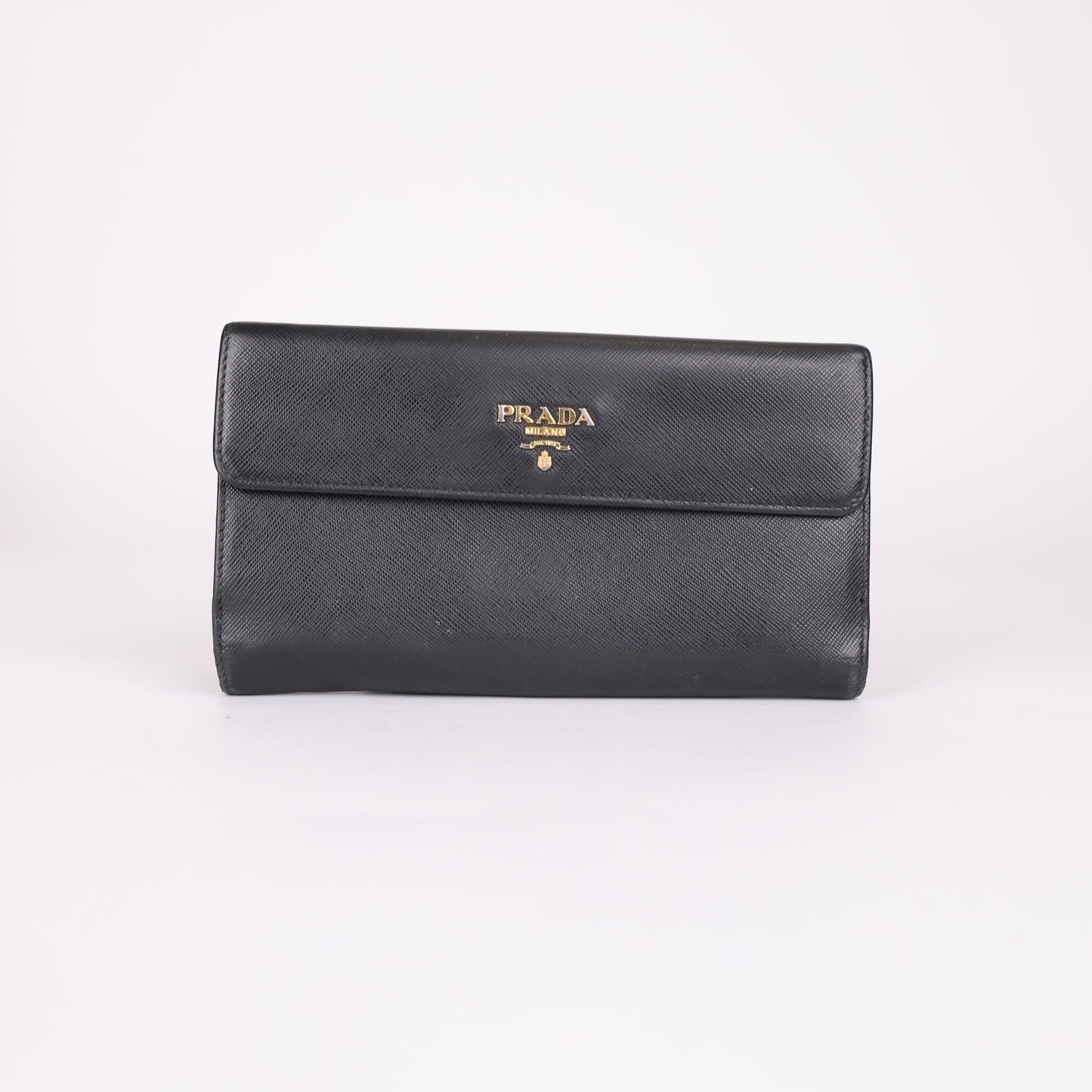 PRADA Black Wallet with Gold-Tone Logo- Pre Owned