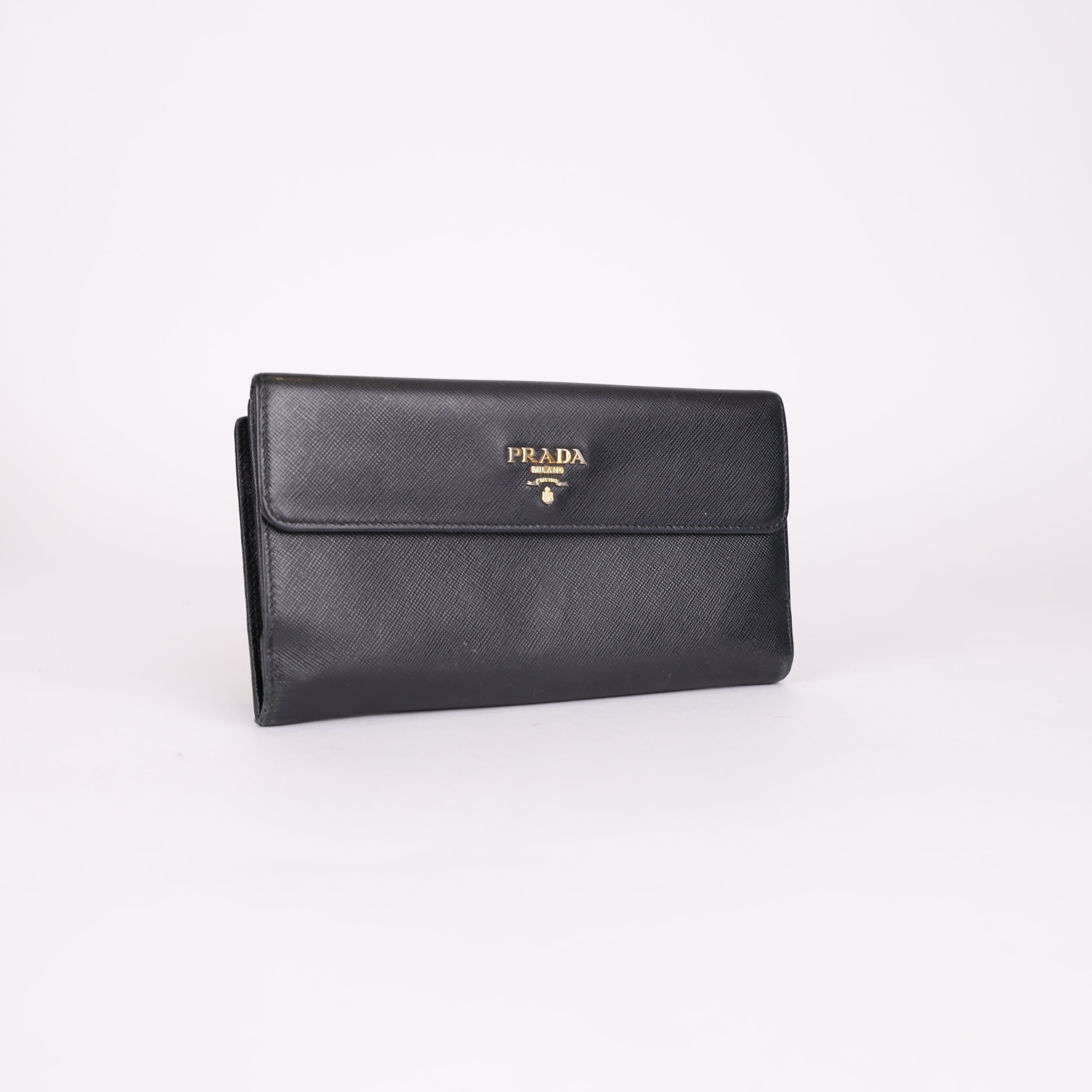 PRADA Black Wallet with Gold-Tone Logo- Pre Owned