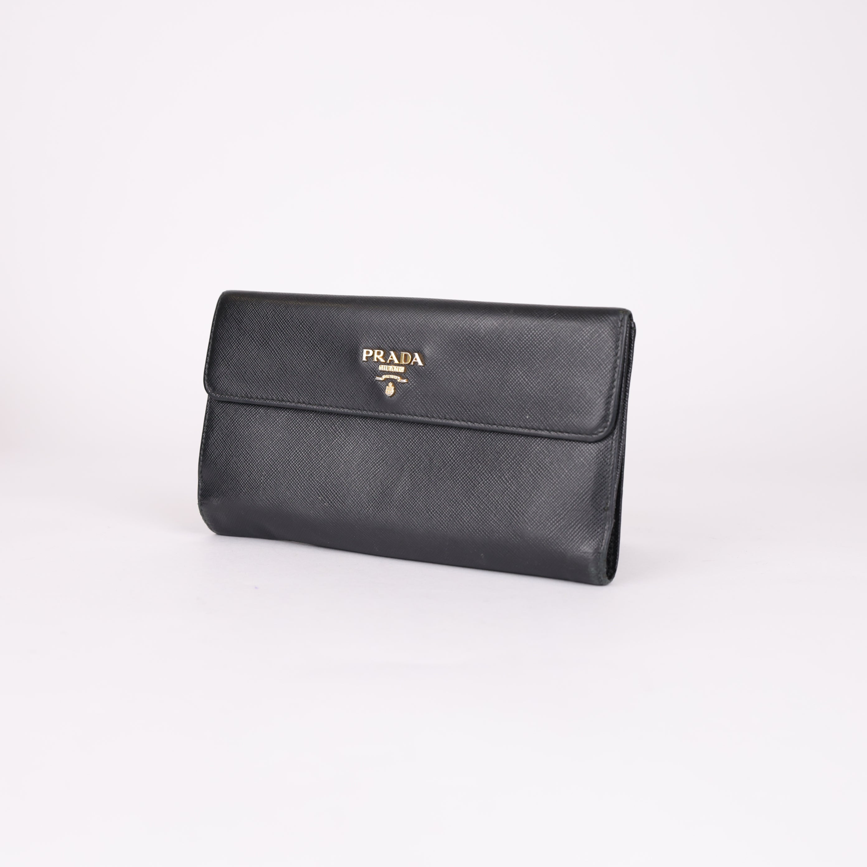 PRADA Black Wallet with Gold-Tone Logo- Pre Owned