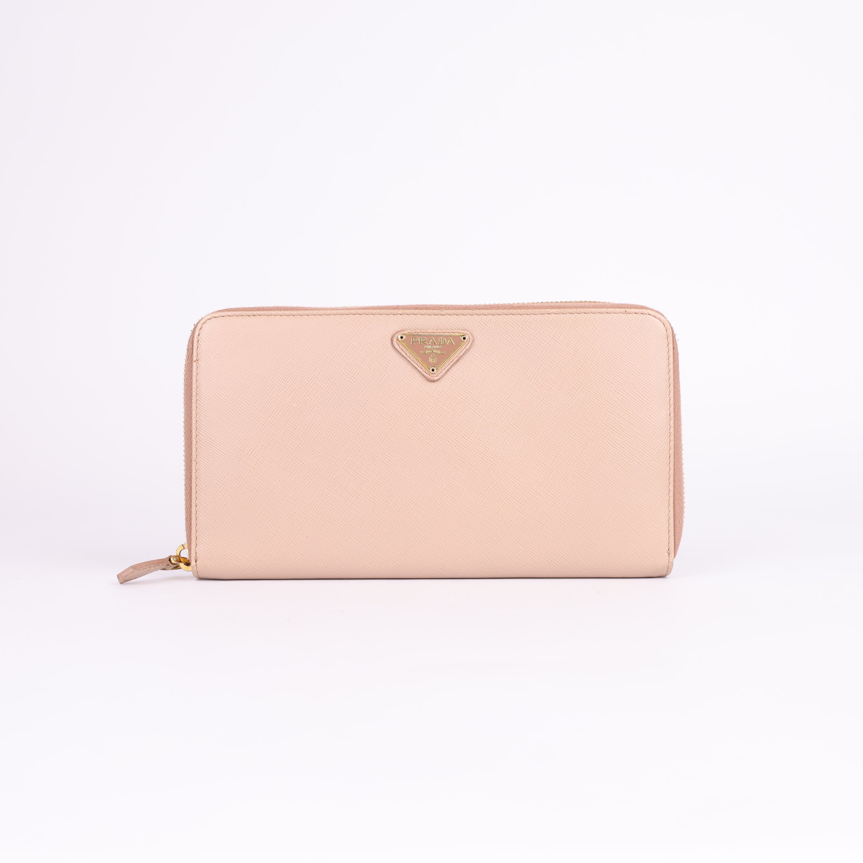 PRADA Saffiano Leather Wallet in Pink Beige with Metal Triangle Logo- Pre Owned