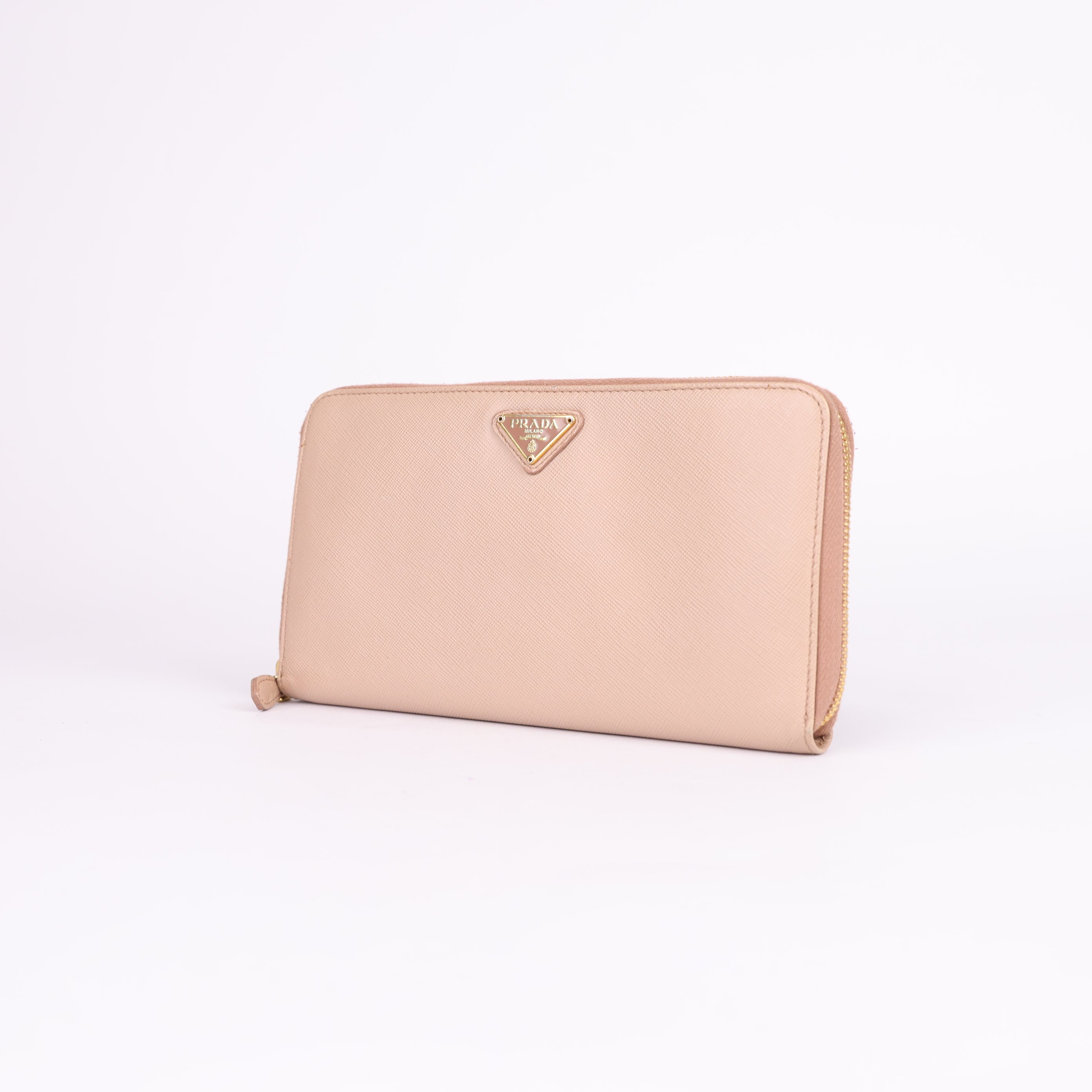 PRADA Saffiano Leather Wallet in Pink Beige with Metal Triangle Logo- Pre Owned