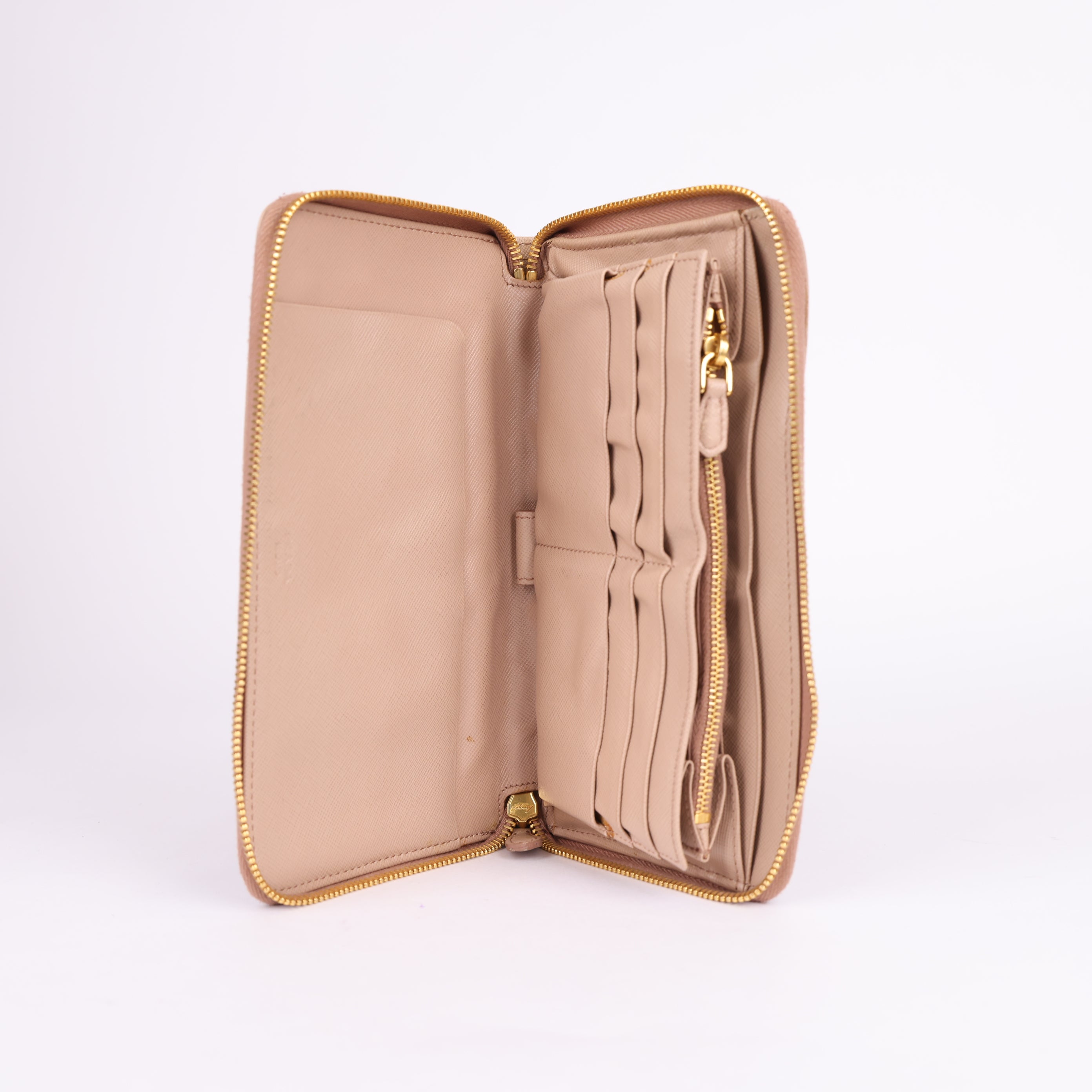 PRADA Saffiano Leather Wallet in Pink Beige with Metal Triangle Logo- Pre Owned