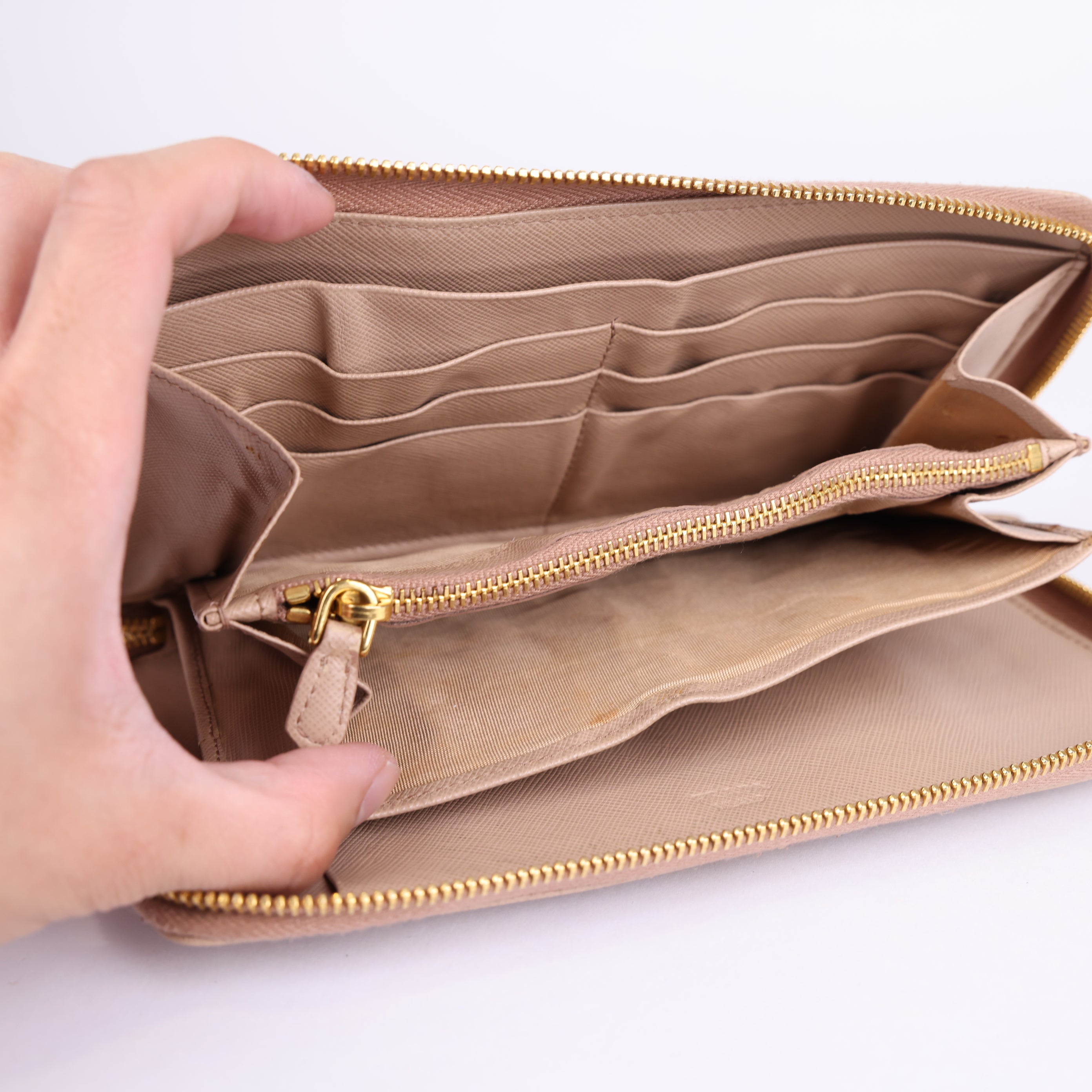 PRADA Saffiano Leather Wallet in Pink Beige with Metal Triangle Logo- Pre Owned