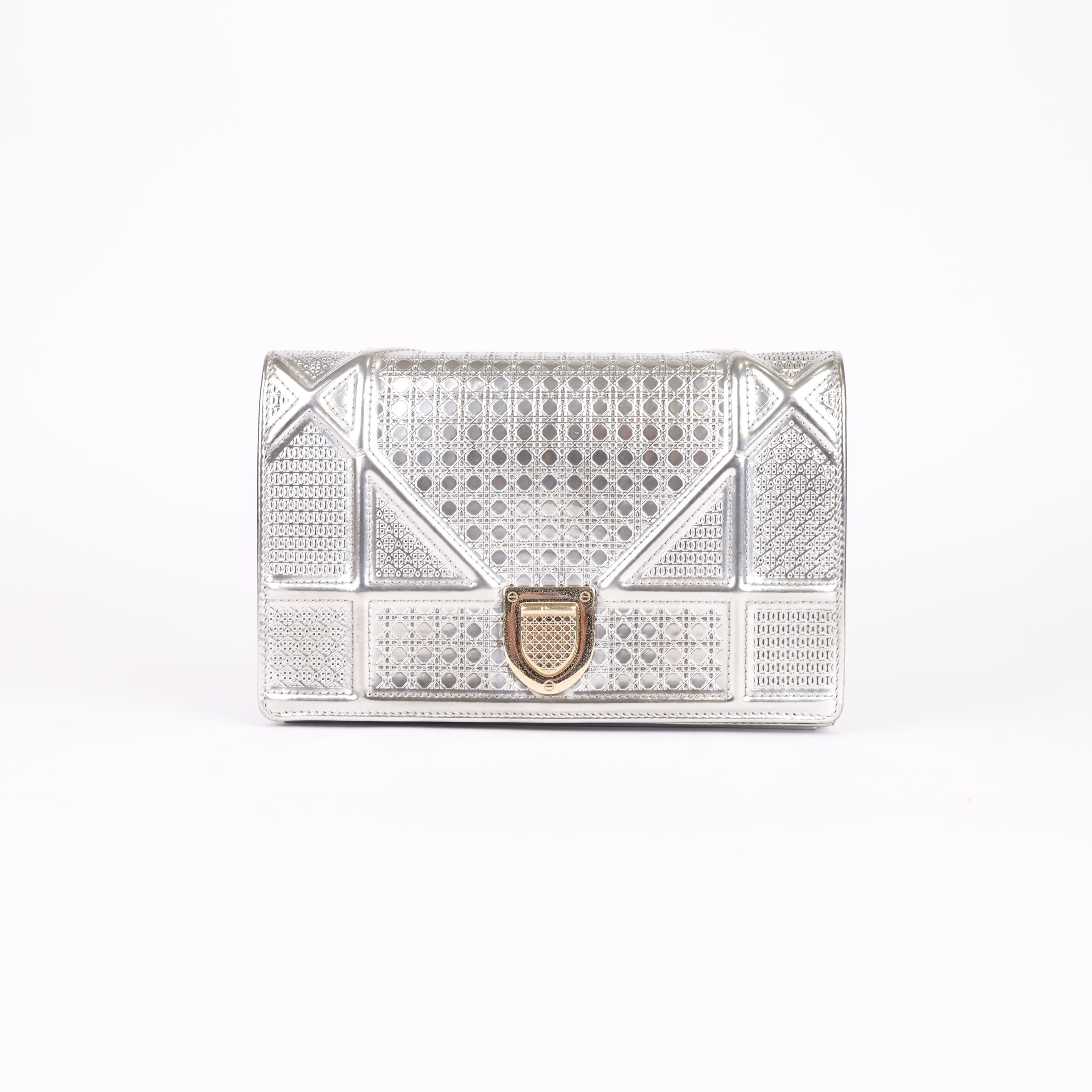 PRE OWNED- Dior Silver Microcannage Patent Leather Diorama Wallet on Chain
