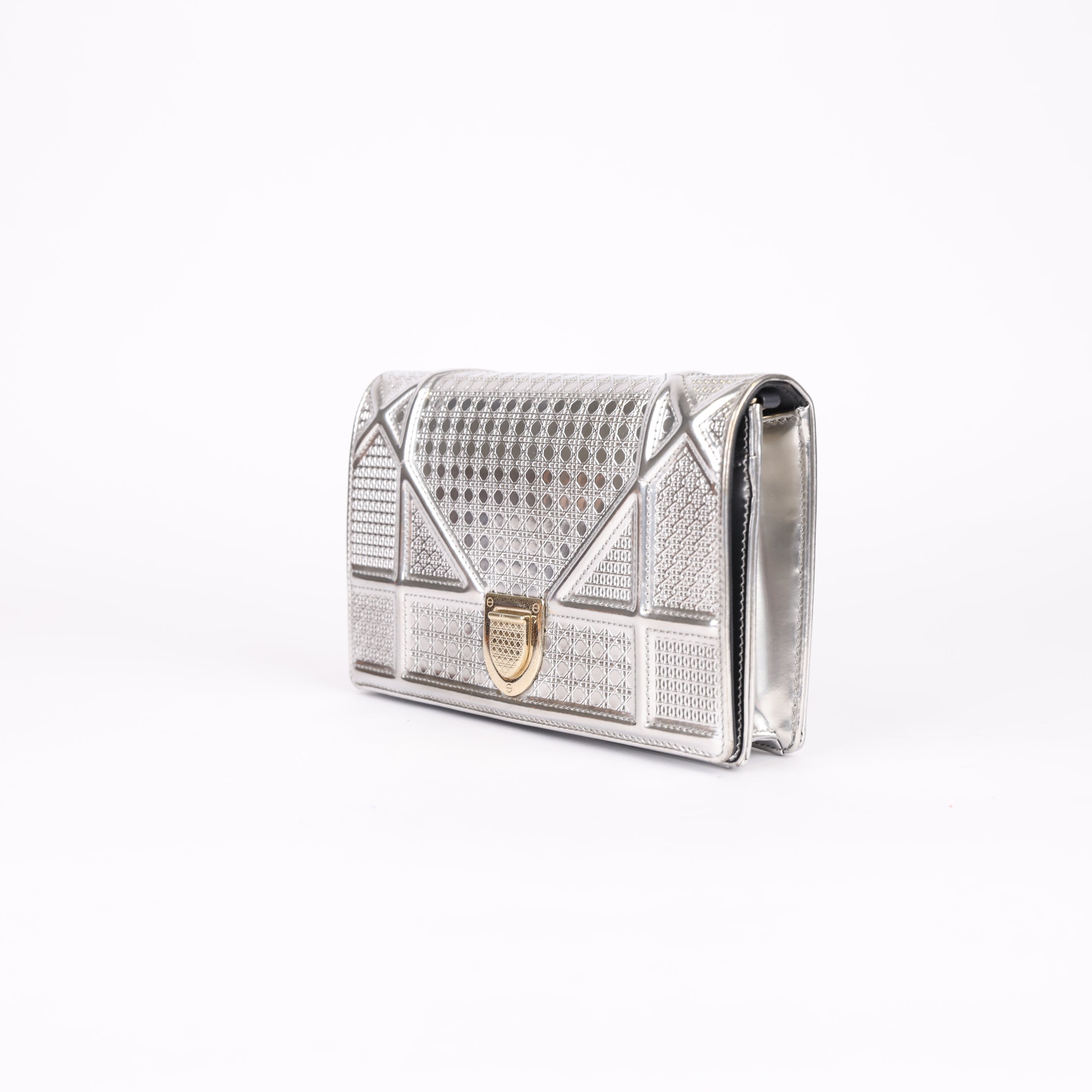 PRE OWNED- Dior Silver Microcannage Patent Leather Diorama Wallet on Chain