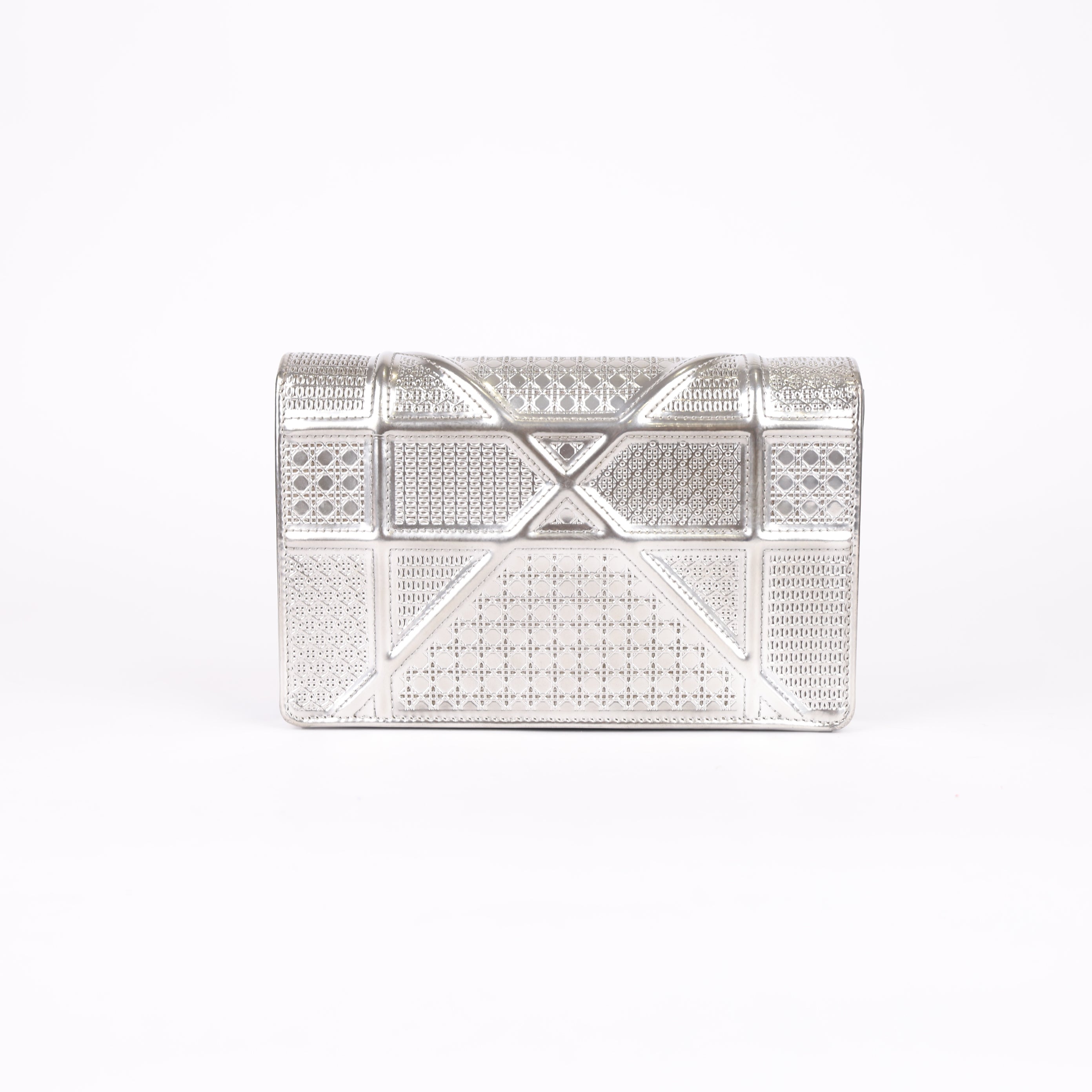 PRE OWNED- Dior Silver Microcannage Patent Leather Diorama Wallet on Chain