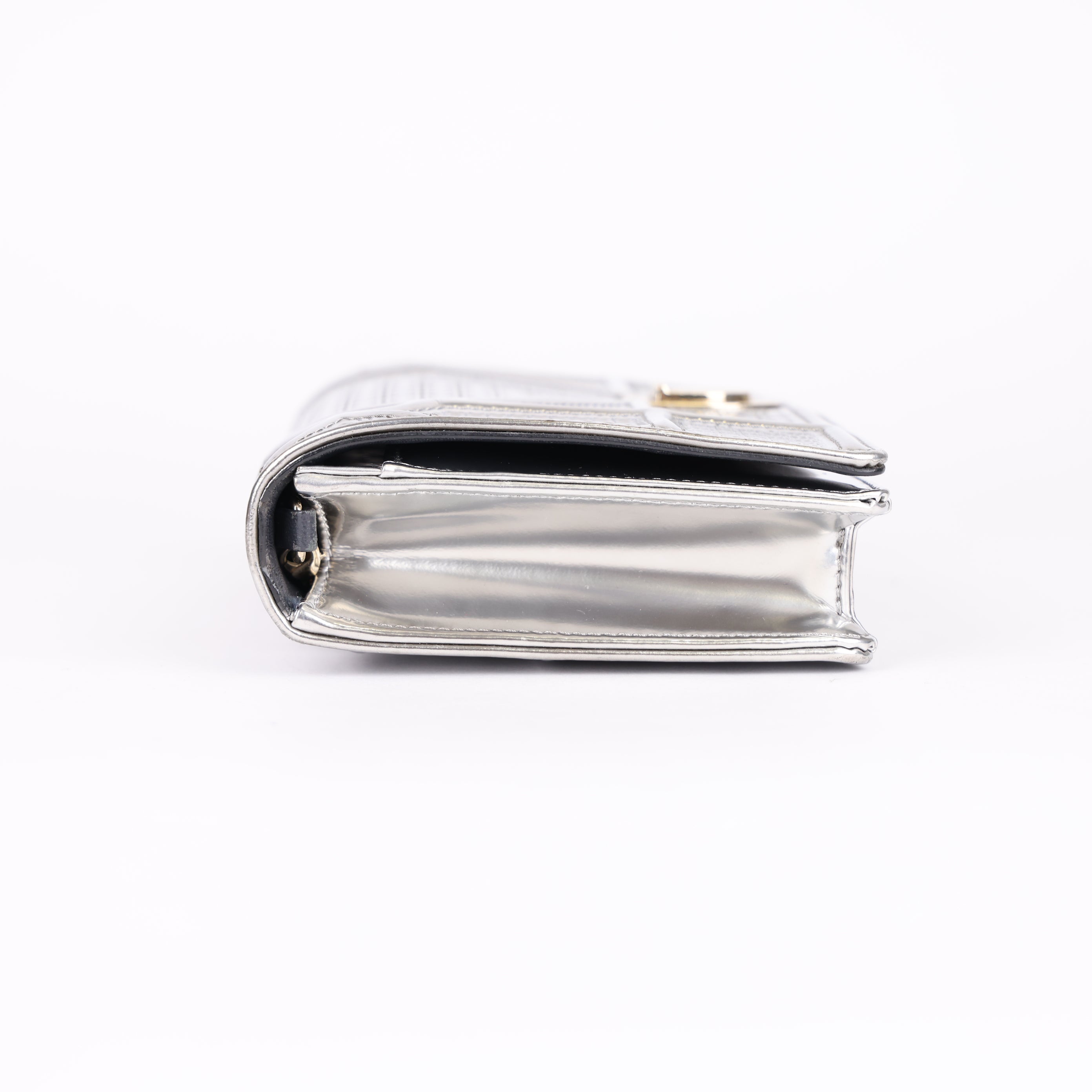 PRE OWNED- Dior Silver Microcannage Patent Leather Diorama Wallet on Chain