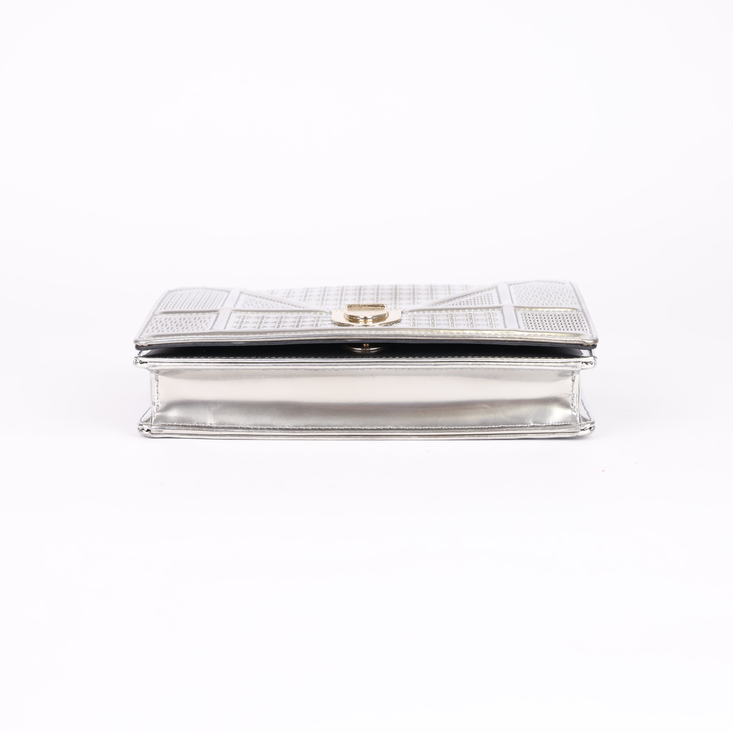 PRE OWNED- Dior Silver Microcannage Patent Leather Diorama Wallet on Chain