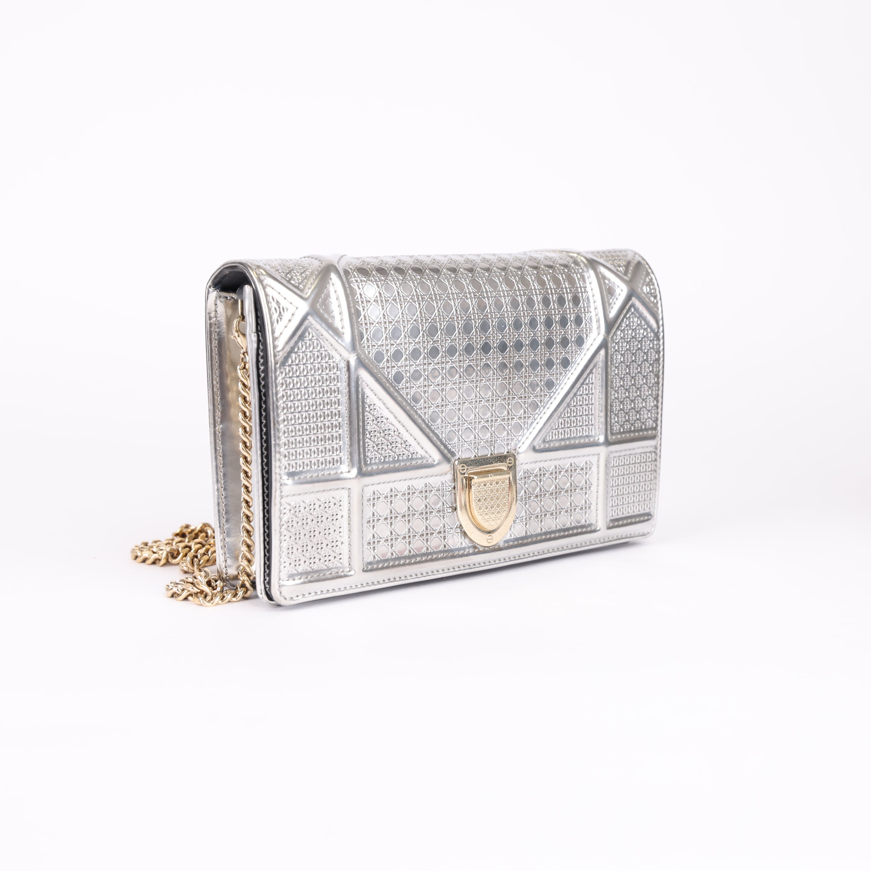 PRE OWNED- Dior Silver Microcannage Patent Leather Diorama Wallet on Chain