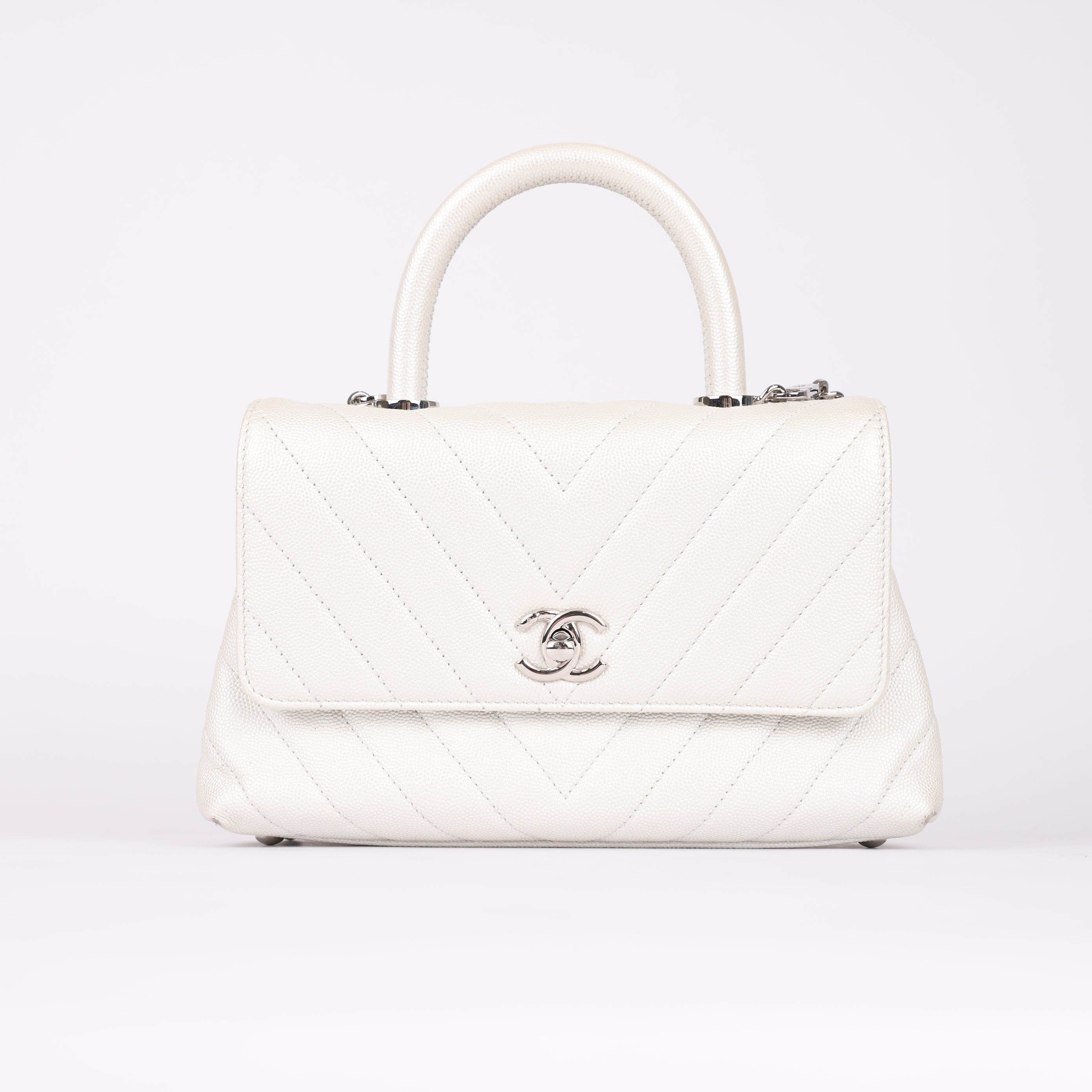 Chanel White Small Coco Handle Chevron Caviar bag- Pre Owned