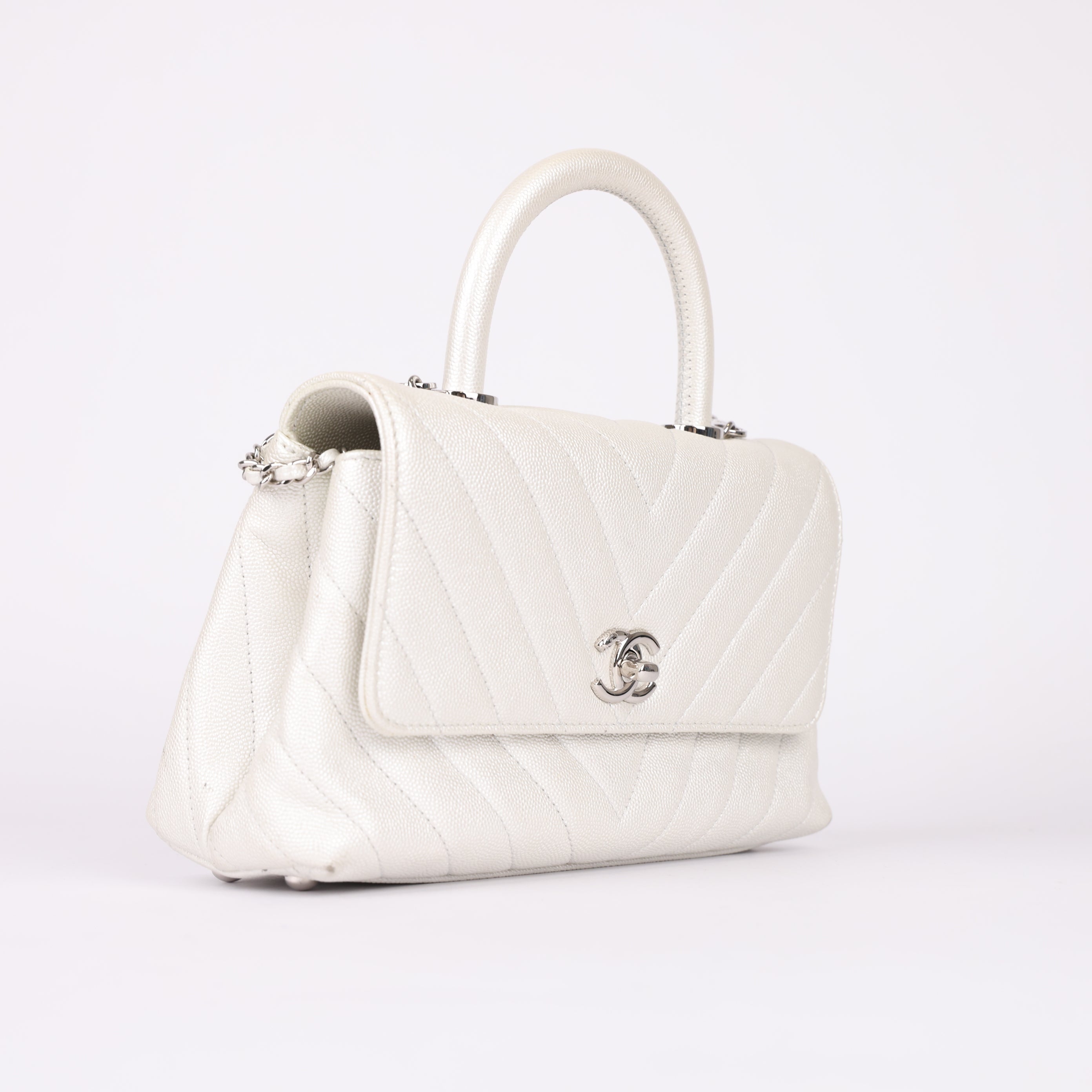 Chanel White Small Coco Handle Chevron Caviar bag- Pre Owned