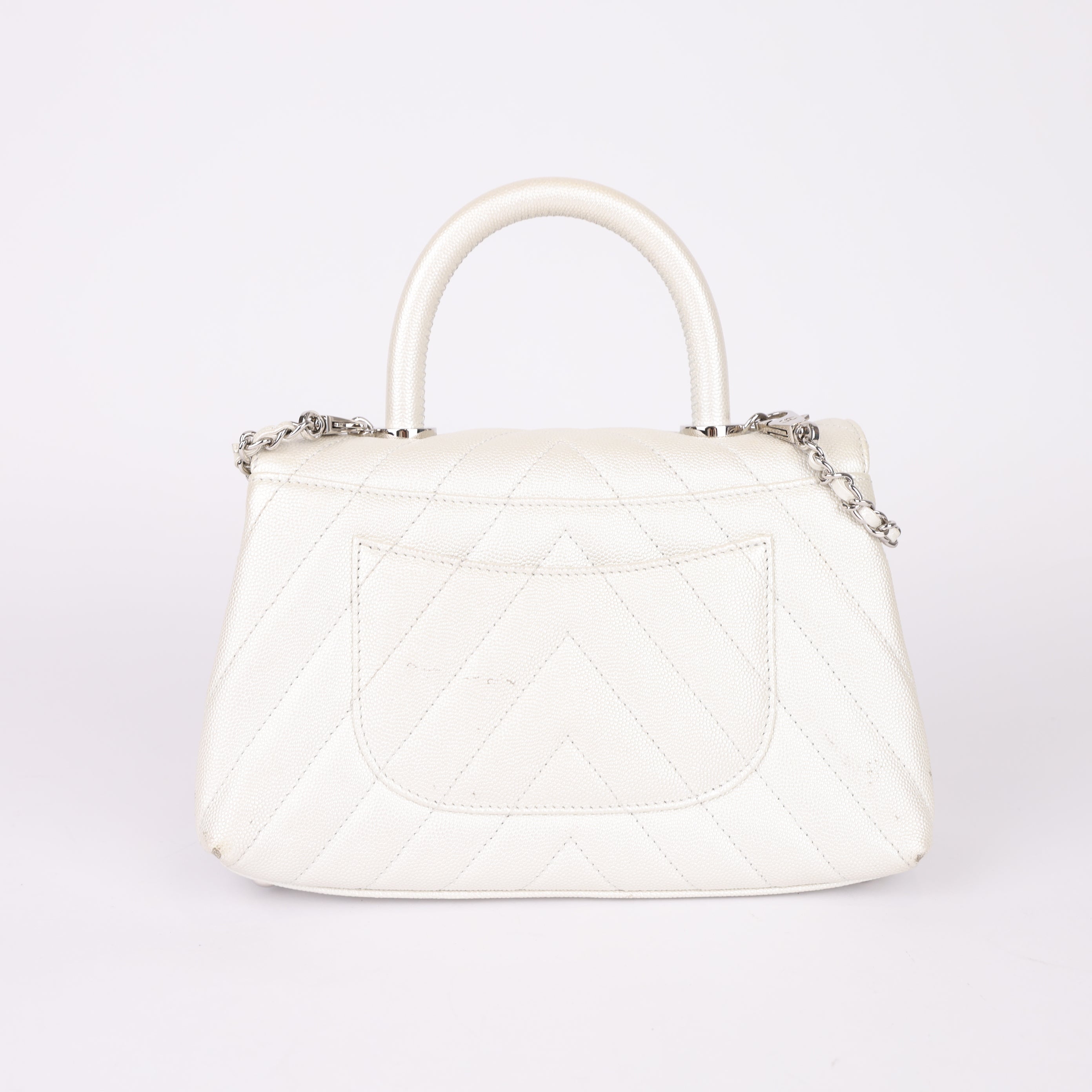 Chanel White Small Coco Handle Chevron Caviar bag- Pre Owned