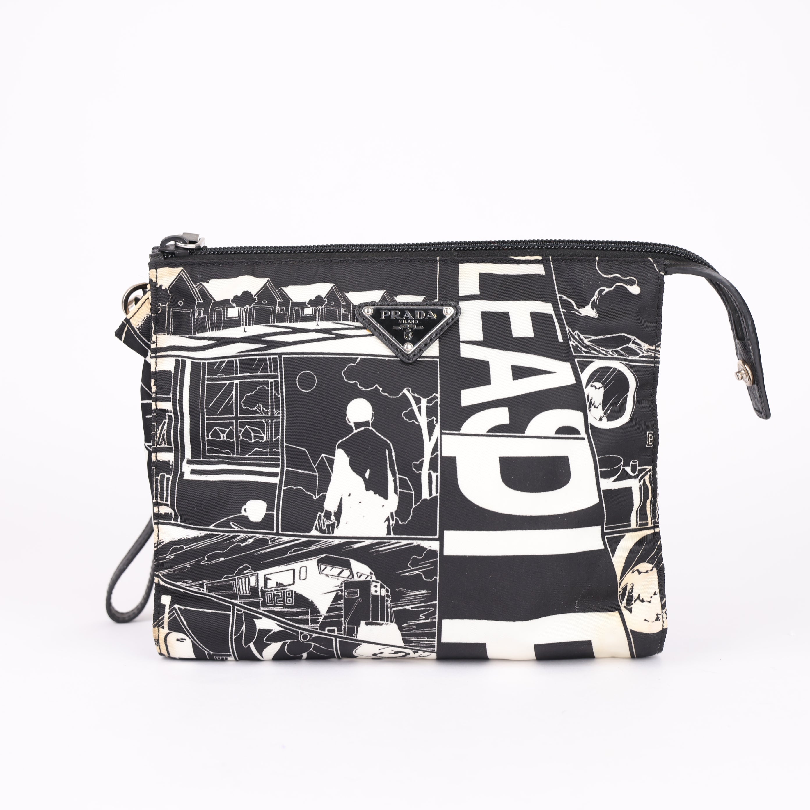 J0774 Prada Cartoon Print Clutch In Black - Pre Owned