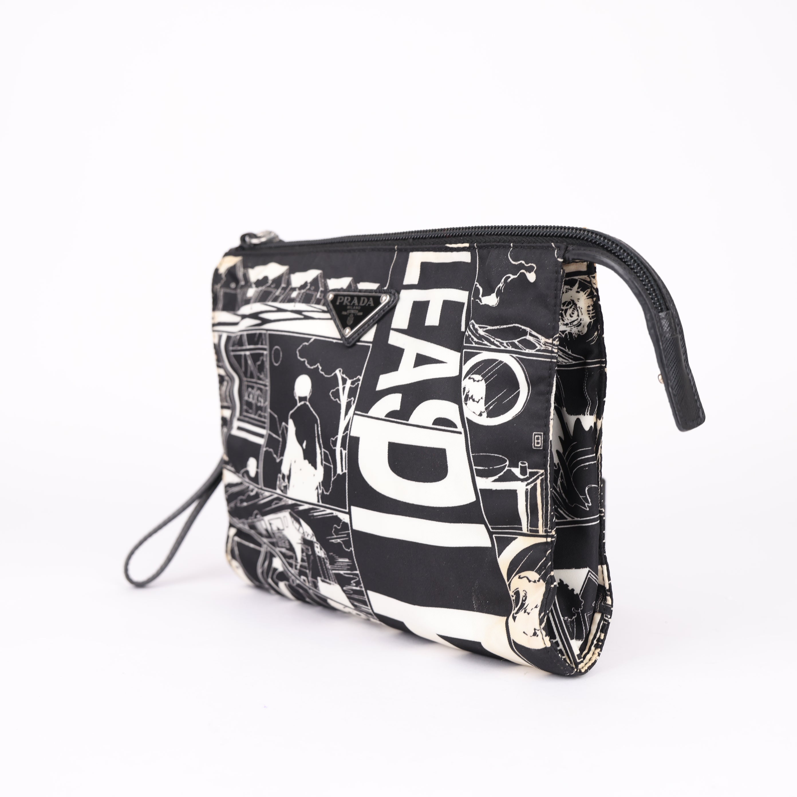 J0774 Prada Cartoon Print Clutch In Black - Pre Owned