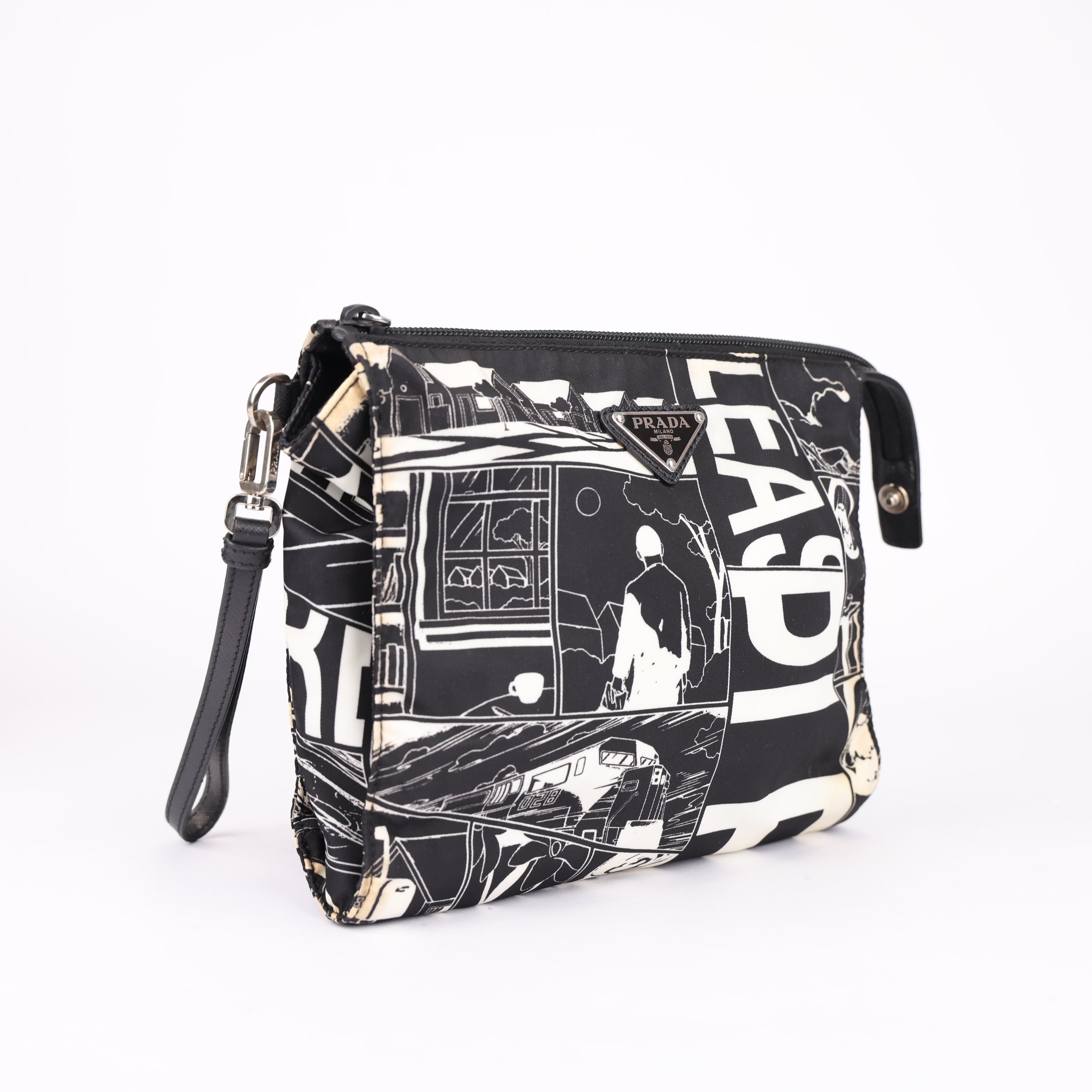 J0774 Prada Cartoon Print Clutch In Black - Pre Owned