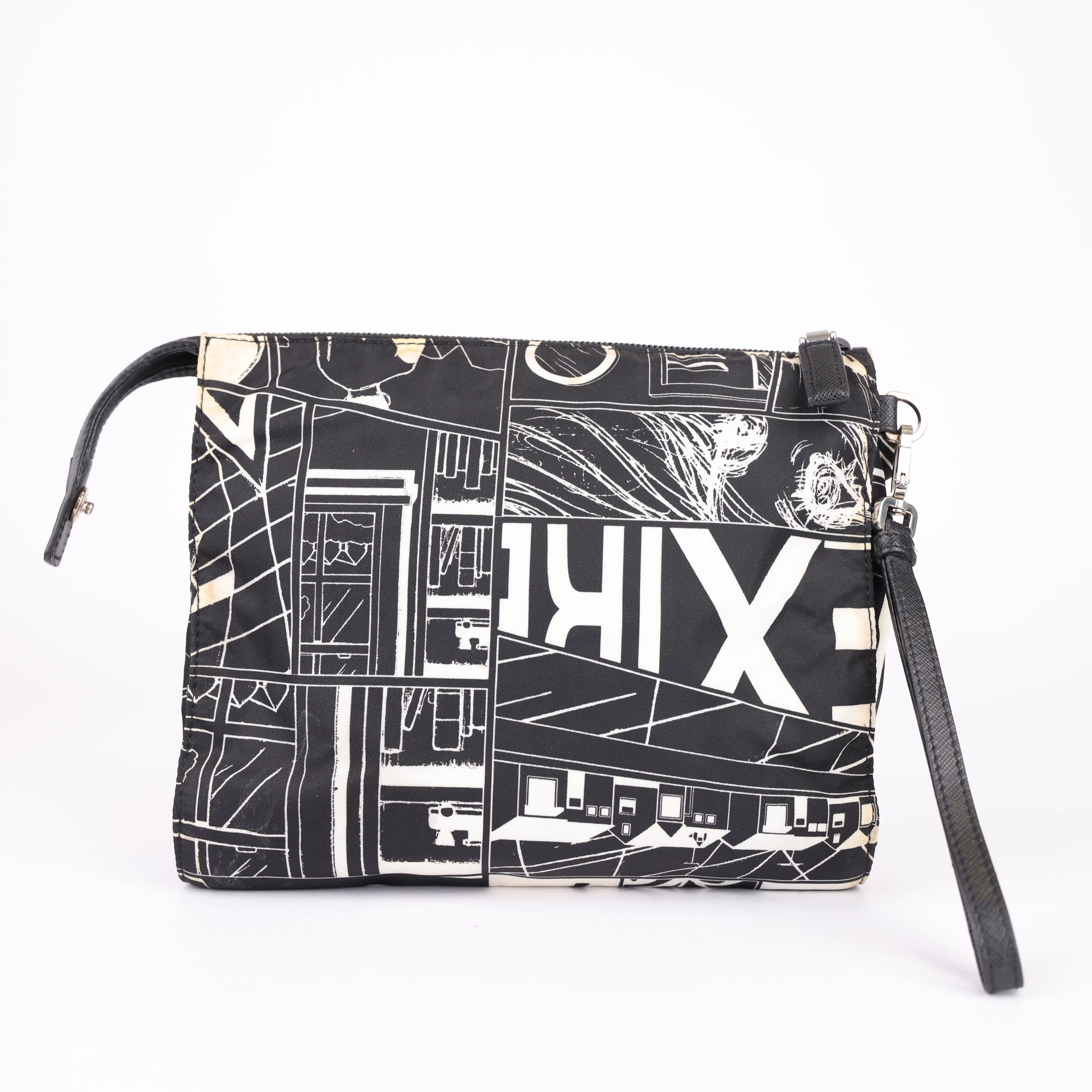 J0774 Prada Cartoon Print Clutch In Black - Pre Owned