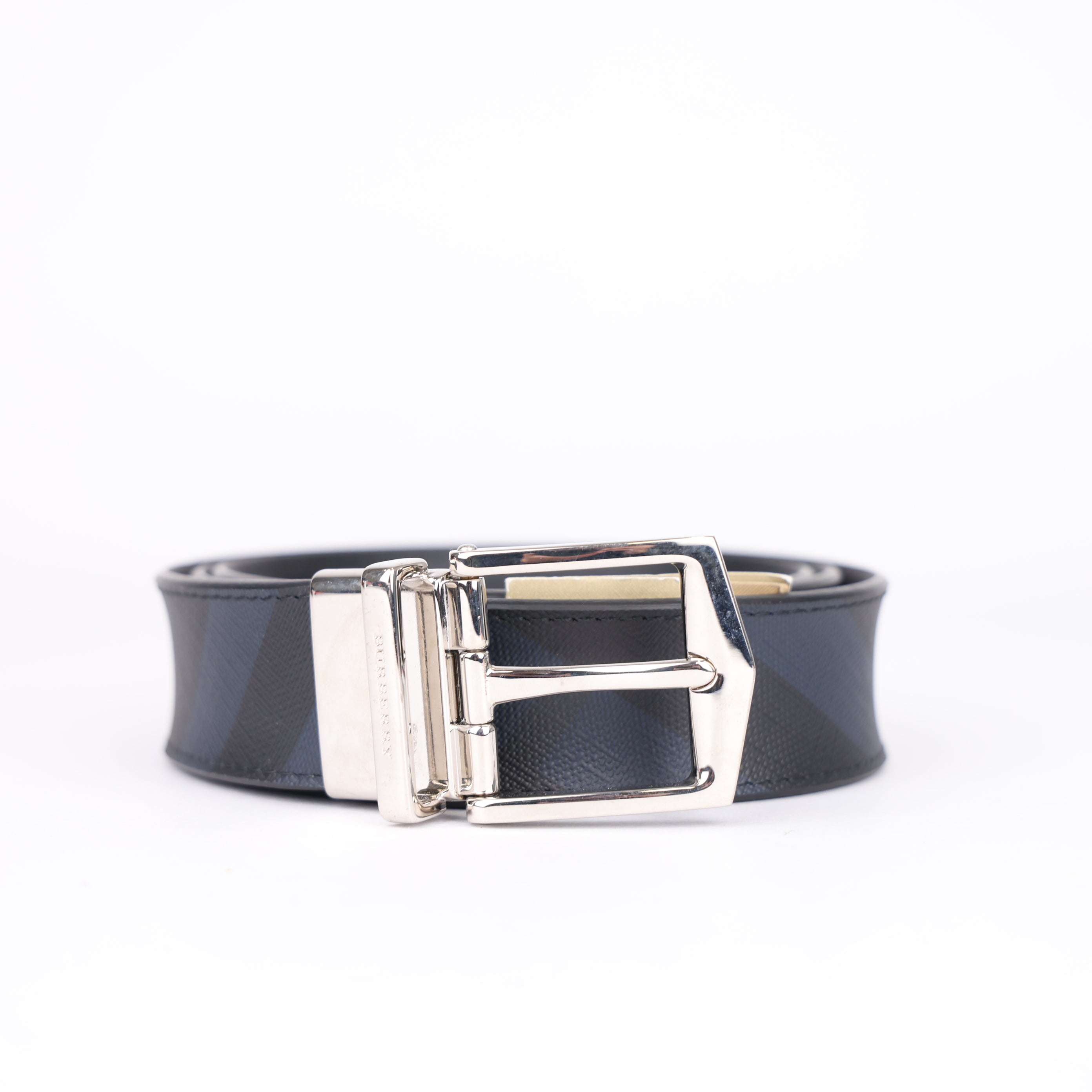 BURBERRY Reversible London Check Belt Navy/Black Leather Buckle- Pre Owned