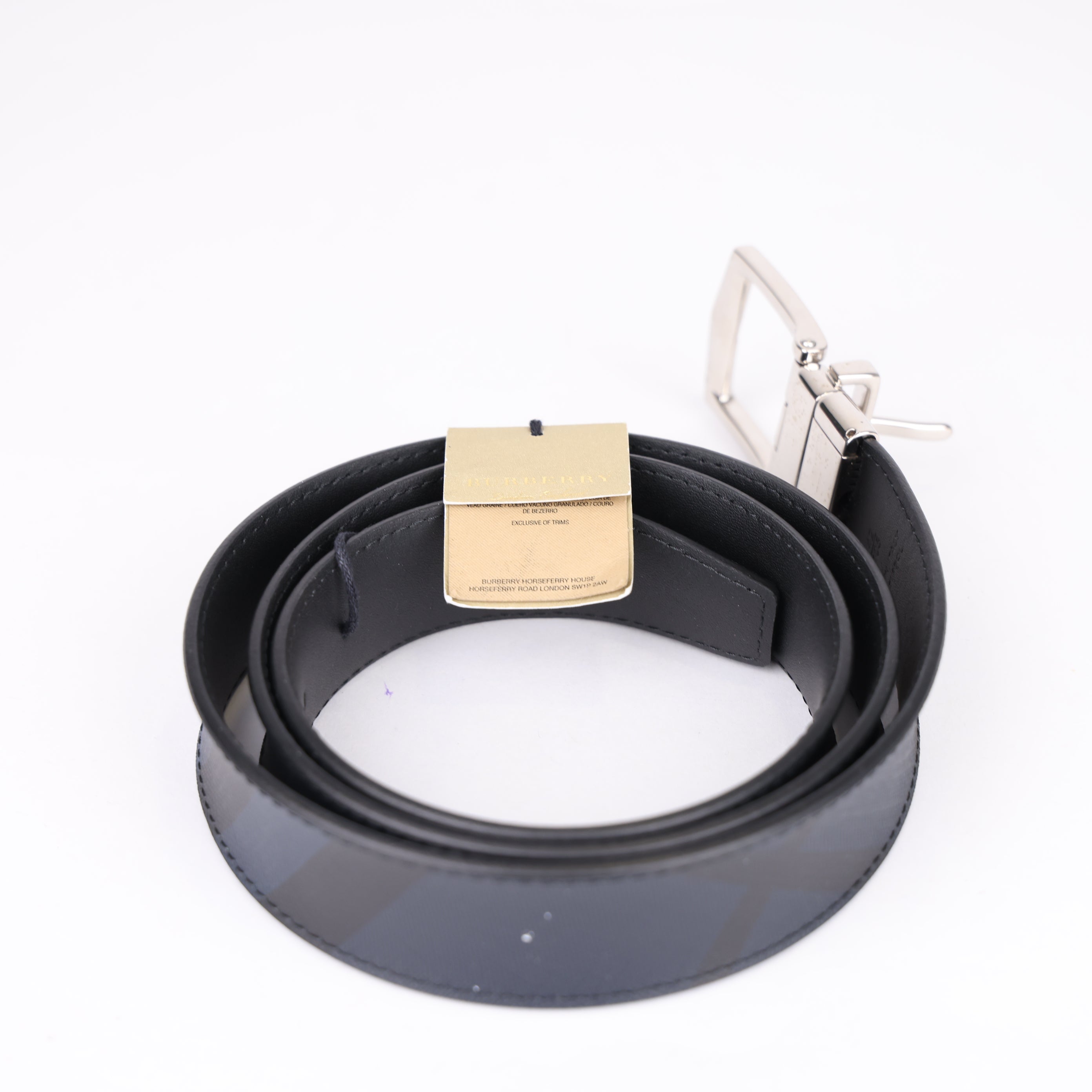 BURBERRY Reversible London Check Belt Navy/Black Leather Buckle- Pre Owned