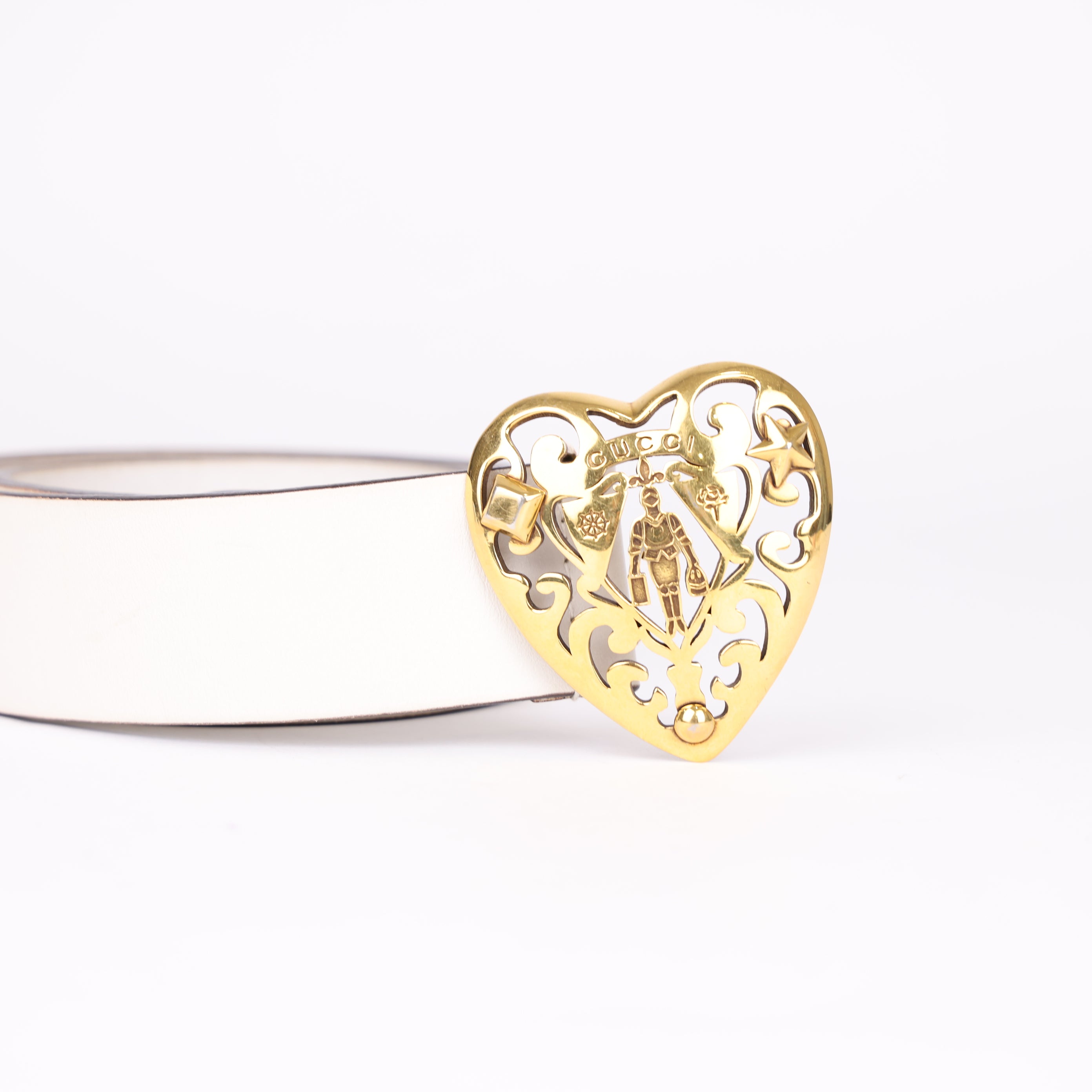 J0793 Gucci White Leather Heart Crest Buckle Belt 90cm- Pre Owned