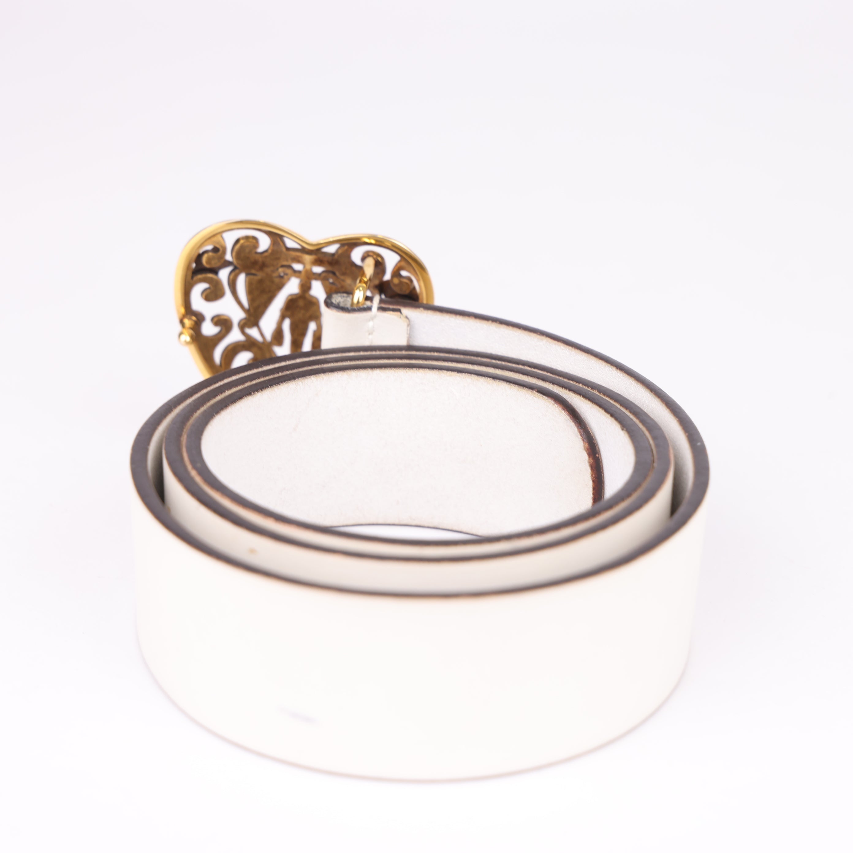 J0793 Gucci White Leather Heart Crest Buckle Belt 90cm- Pre Owned